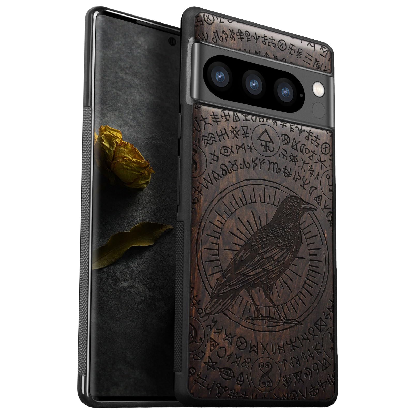 Carveit Wood Case for Google Pixel 8 Pro - Natural Wood & Black Soft TPU - Shockproof Protective Cover - Unique Wooden Case - Laser Engraved -