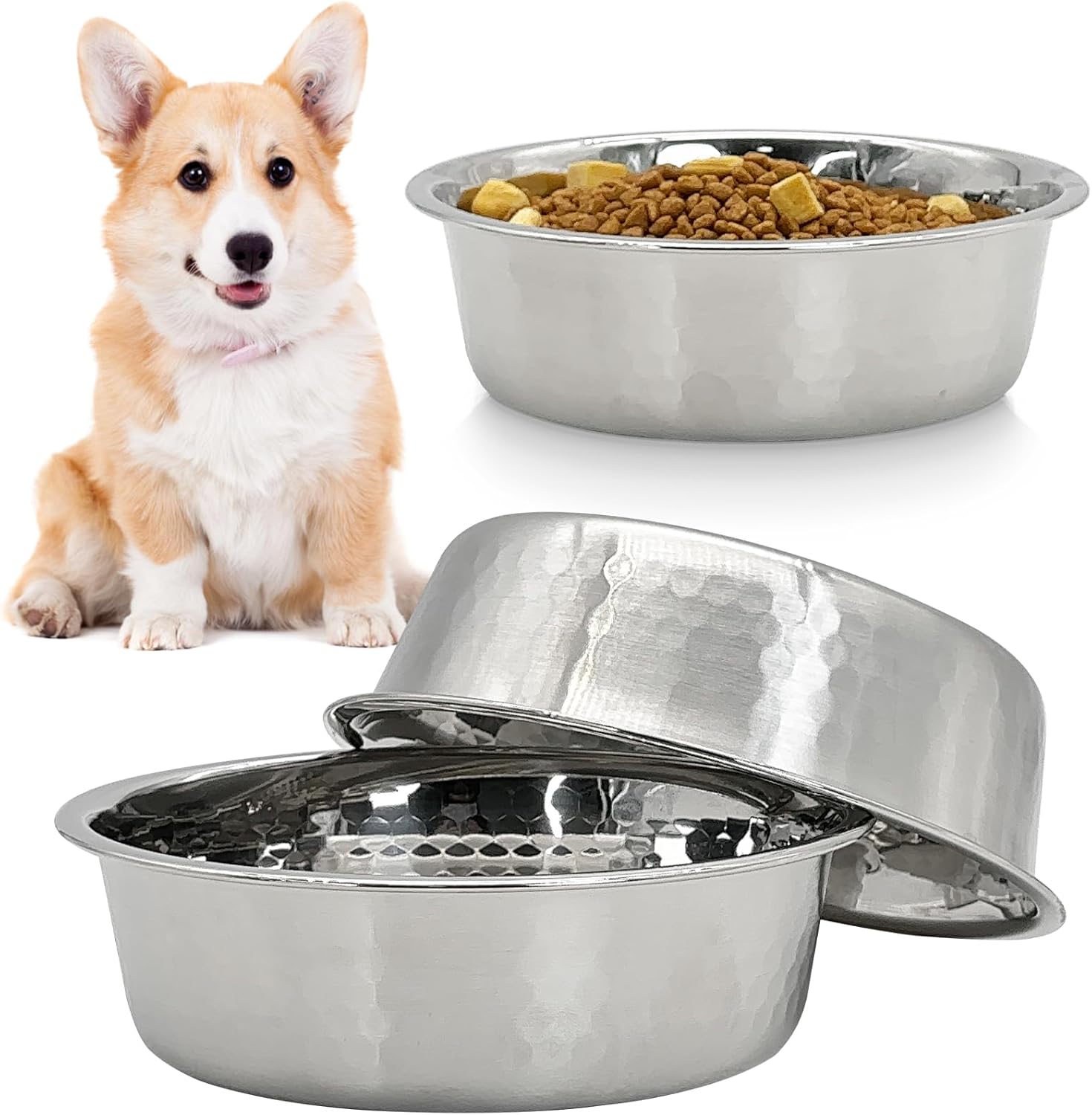 Fhiny 3パック 槌目加工ステンレススチールドッグボウル、4カップ/32オンス プレミアムメタル子犬フィーダーボウルセット 盛り