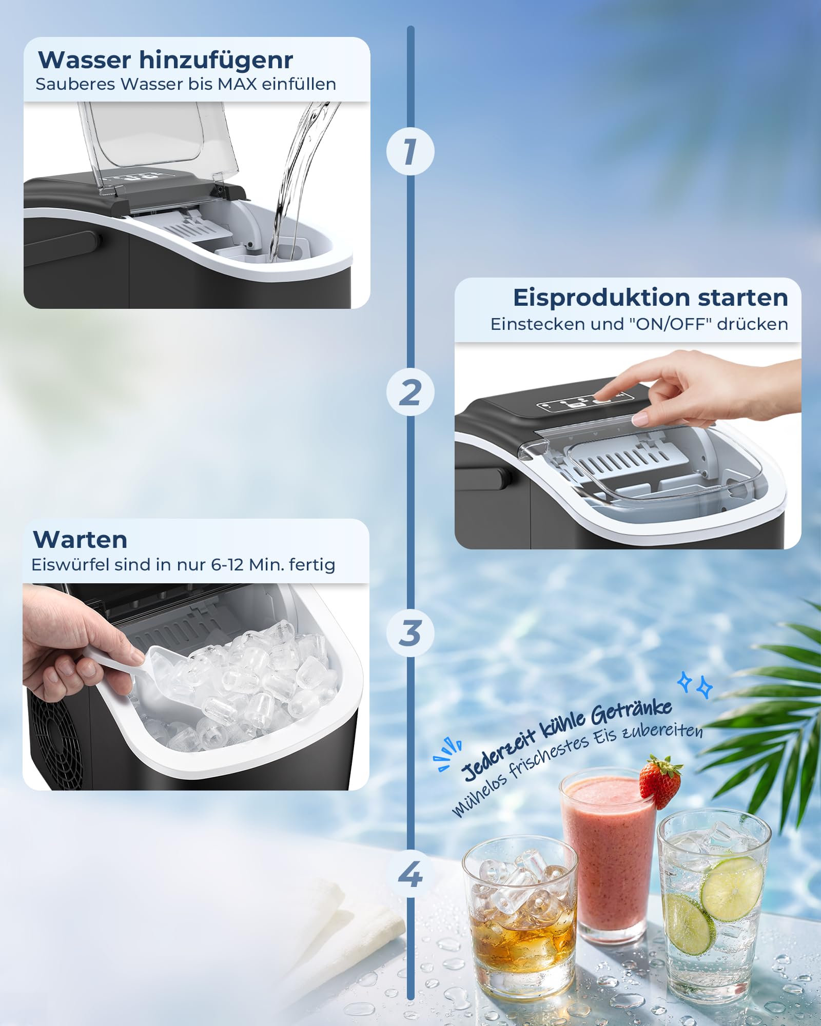WELLENT Eiswürfelmaschine Klein – Ice Maker mit Selbstreinigung & 2 Größen, 8 Würfel in 6 Min (12kg/24h) – Tragbarer Tisch-Ice Maker für Küche, Büro, RV, Bar, Camping & Fußballabend