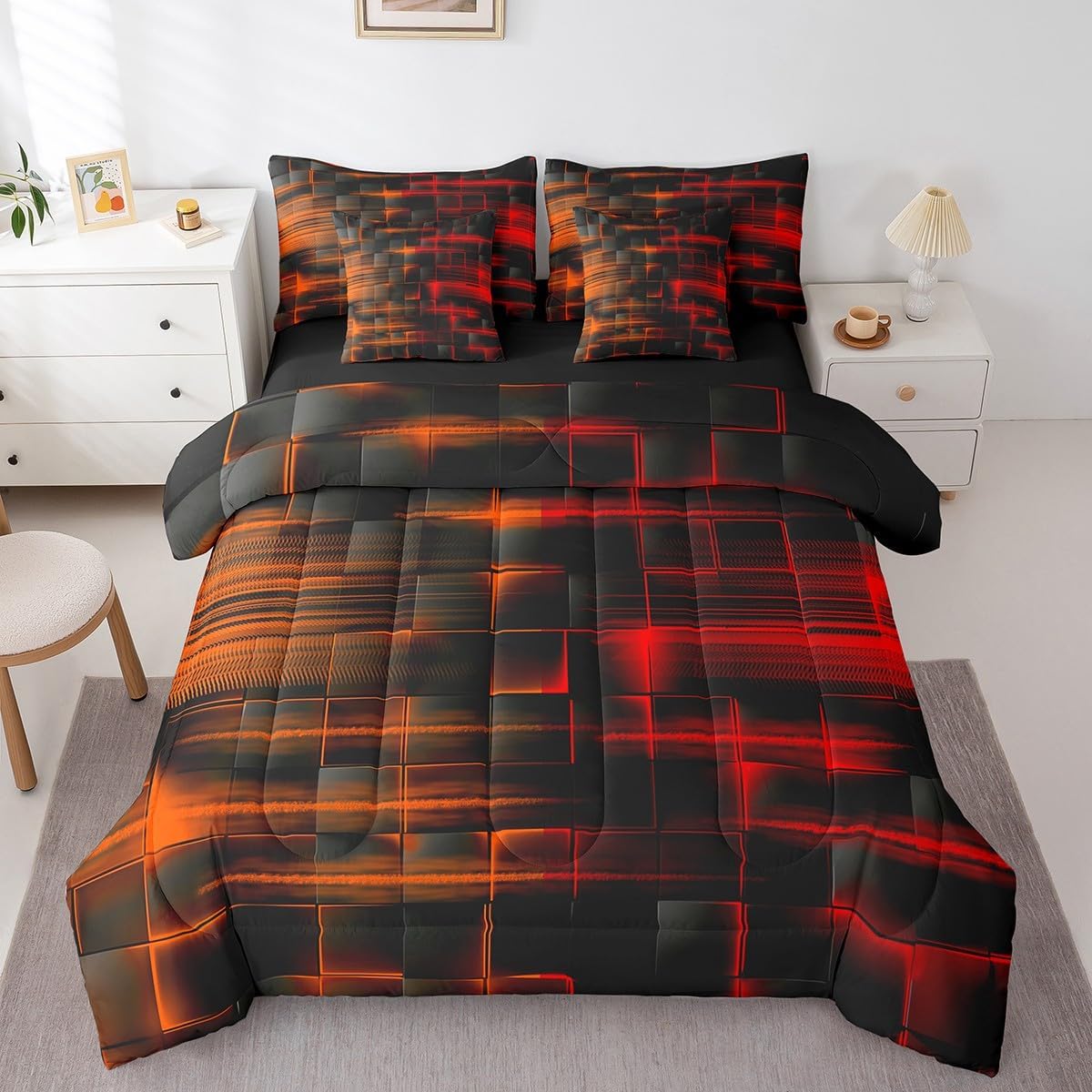 Feelyou Red and Orange Comforter Set with Sheets 7 Piece Queen Size Kids Geometric Bed in a Bag Strip Lines Bedding Set Abstract Art Bed Set with Comforter, Sheets,Pillowcases,Cushion Covers