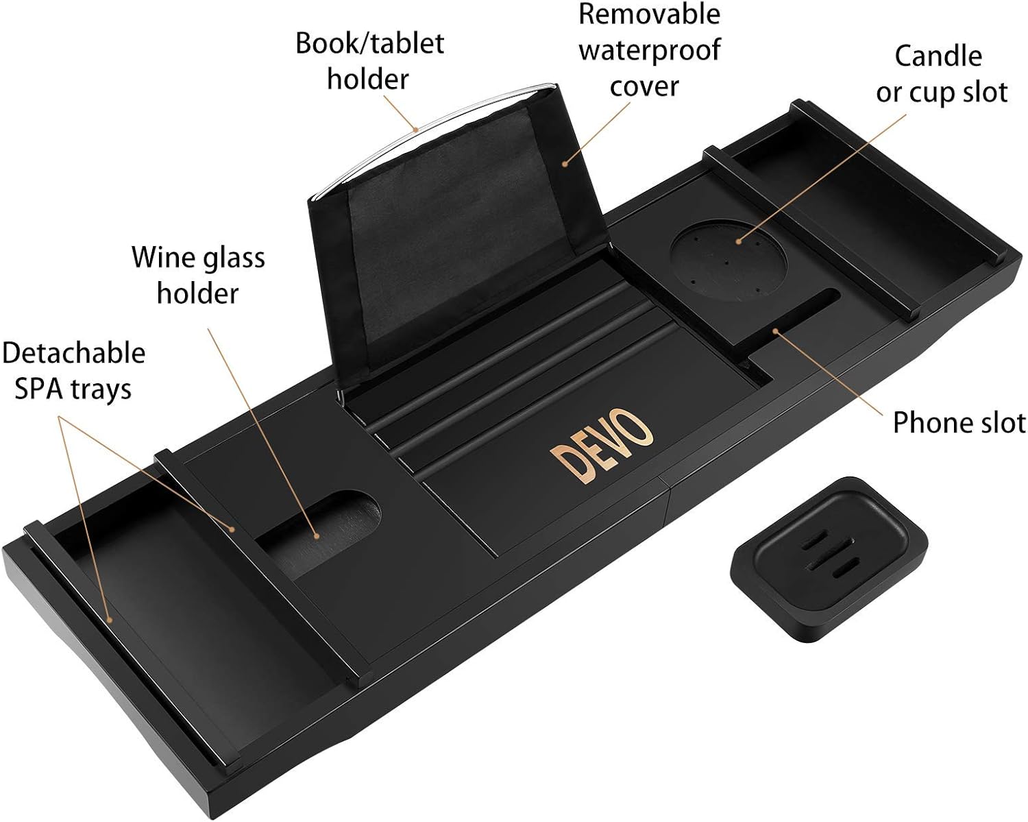 DEVO Bathtub Caddy Tray Adjustable Bamboo Wooden Bath Organizer Tray for Tub with Extending Sides, Book and Wine Holder, One or Two Person Luxury Spa or Reading, Bonus Free Soap Holder : Home & Kitchen