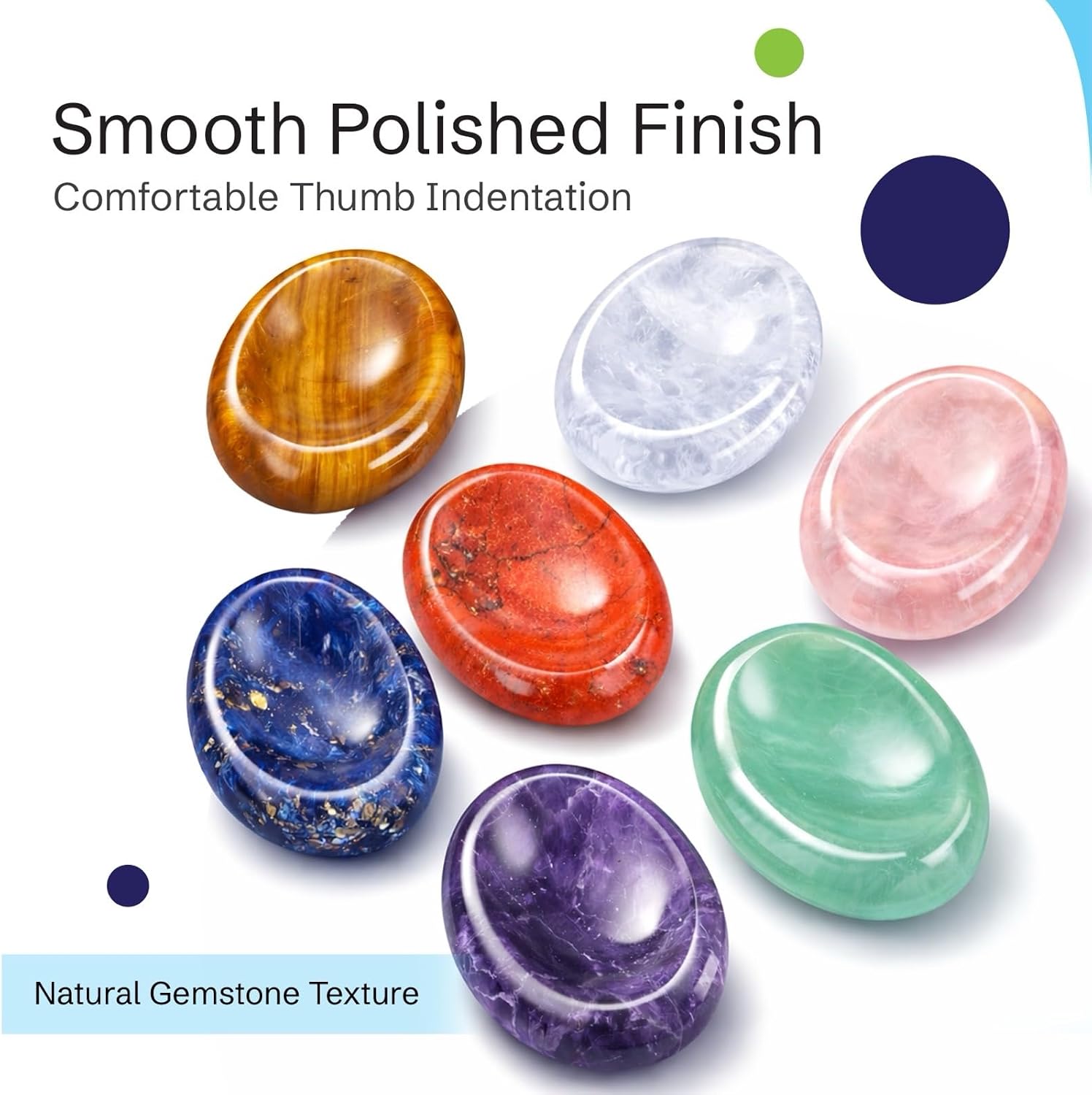 7PCS Polished Natural Crystal Palm Stones with Pouch, Smooth Pocket Stones for Relaxation, Mindfulness & Meditation, Chakra Crystal Collection (Purple Velvet Bag)