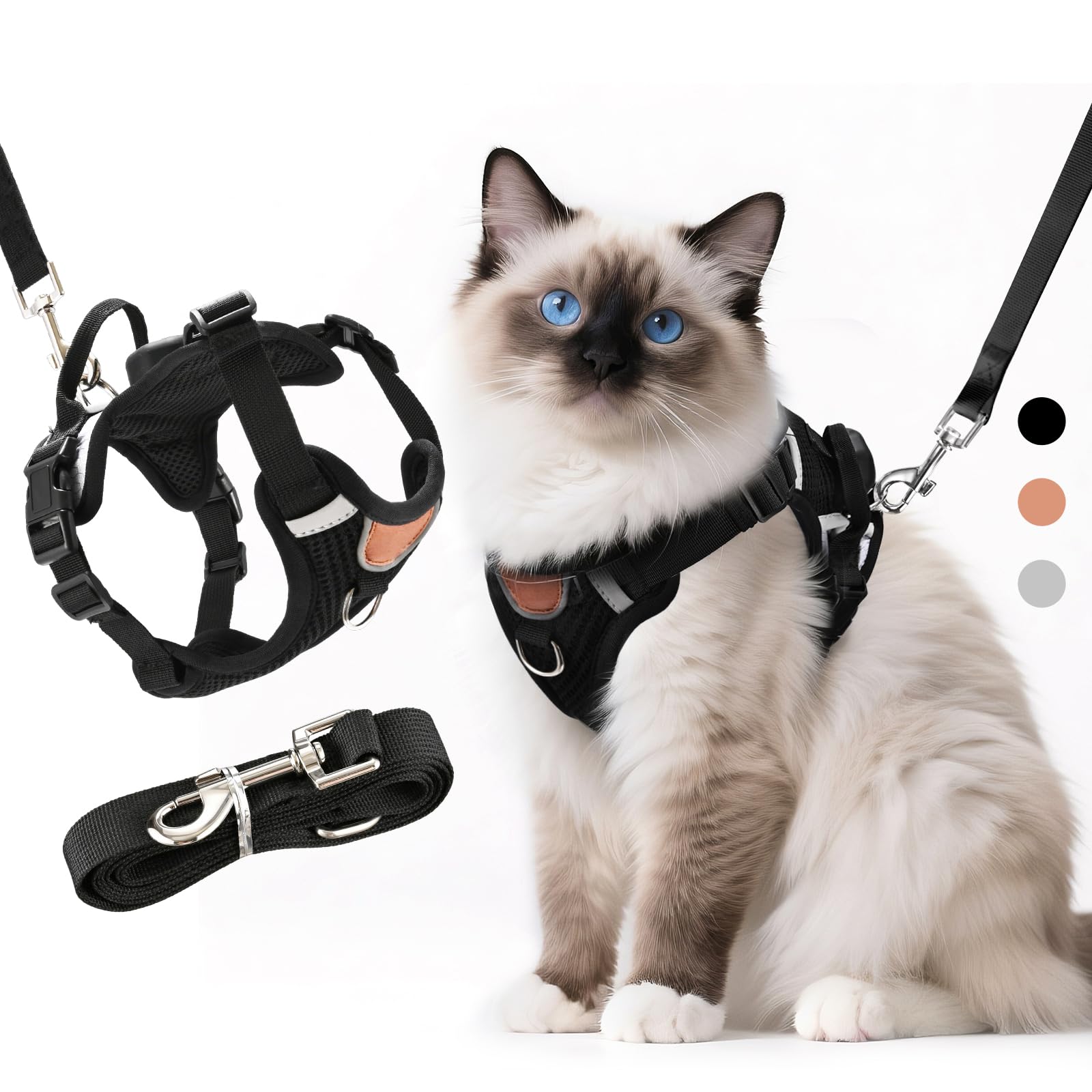 Pettorina per gatti regolabile con guinzaglio, antirottura per gatti, con strisce riflettenti e tessuto a rete traspirante, per gattini, cuccioli (Nero, S)