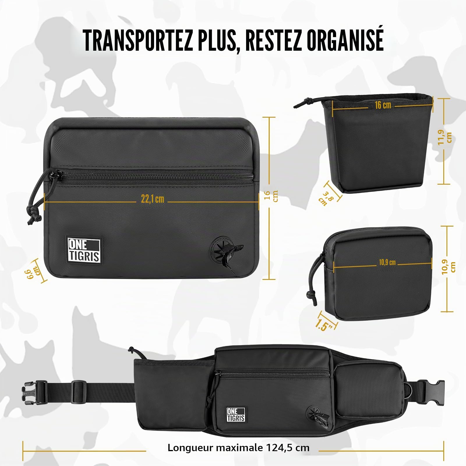OneTigris Sac friandise Chien, Grande capacité Sac Banane étanche Multifonction, Distributeur pour Sacs à Déjections, Compartiment pour téléphone Portable, Pochette Friandise Fermeture Magnétique