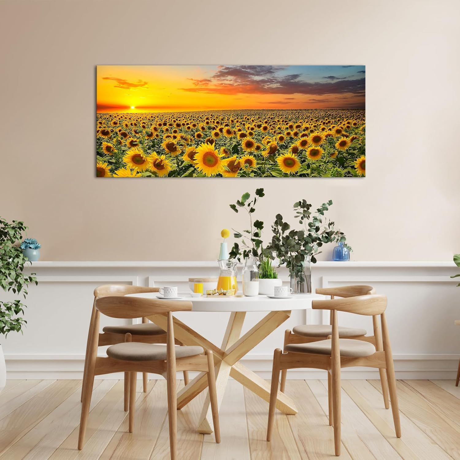 Sunflower Canvas Wall Art Brilliant Sunflower with Sunset Landscape Picture Painting Printed on Canvas Framed and Stretched Floral Wall Decor for Home Living Room Bedroom Office Kitchen Wall Decoration 20"x48" Ready to Hang