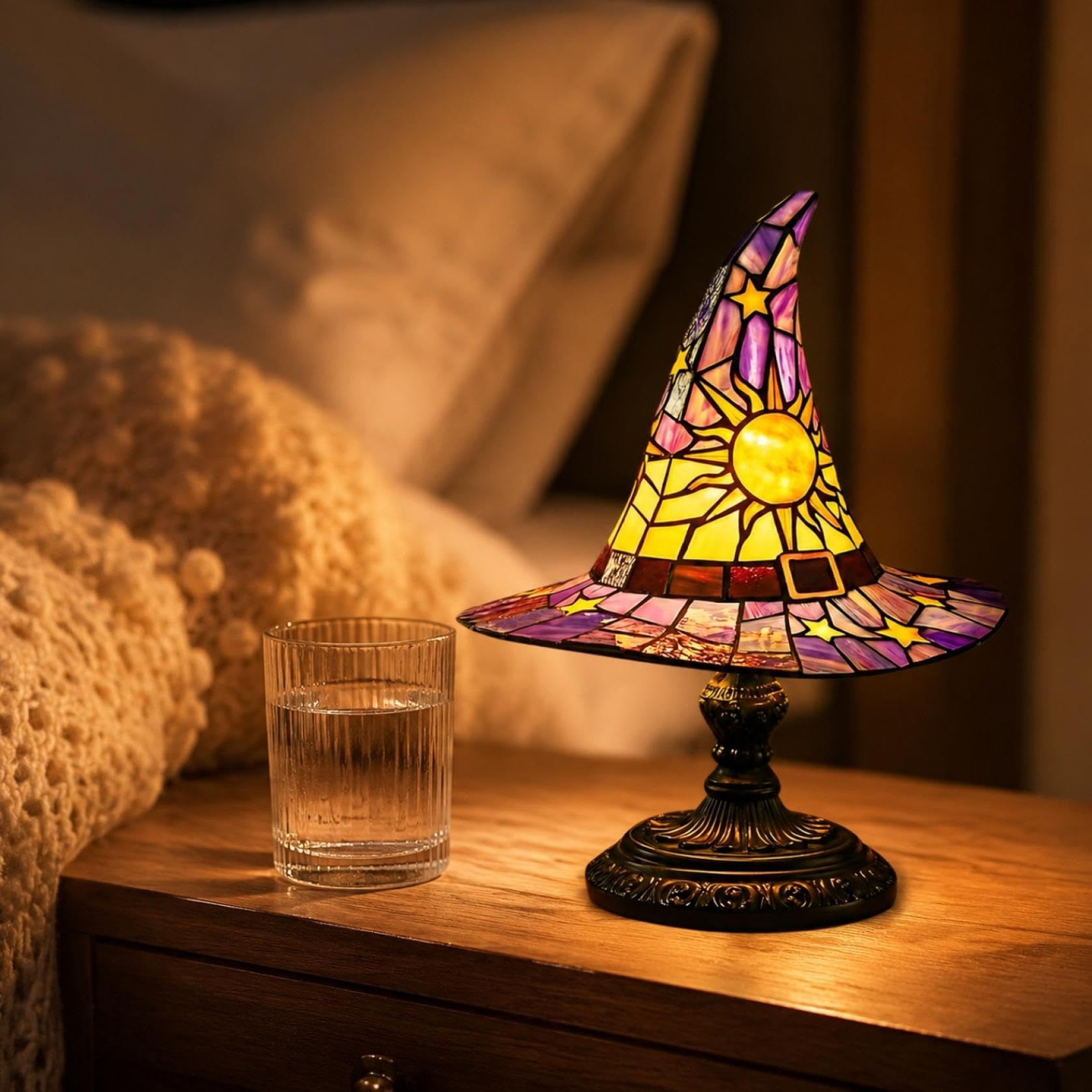 2026 Stained Glass Witch Hat Lamp, Witch Hat & Stained Glass – USB Powered Gothic Wizard Nightstand Light, Bookshelf Lamp for Bedroom, Party & Home Decor (Purple)