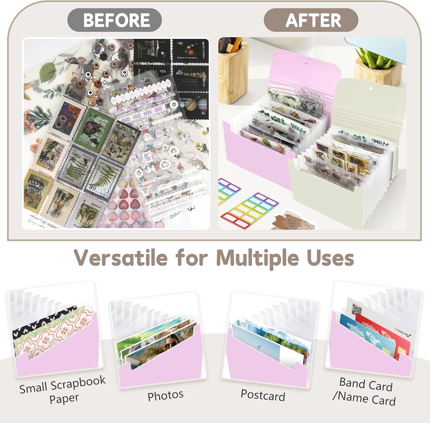 ATCYMI 2 Pack Sticker Storage Organizer Box with 13+13 Expandable Pockets A6 Sticker Collecting Holder Dispaly Case Large Capacity Scrapbook Paper Washi Tape Card Organizer Album (Purple+Beige）