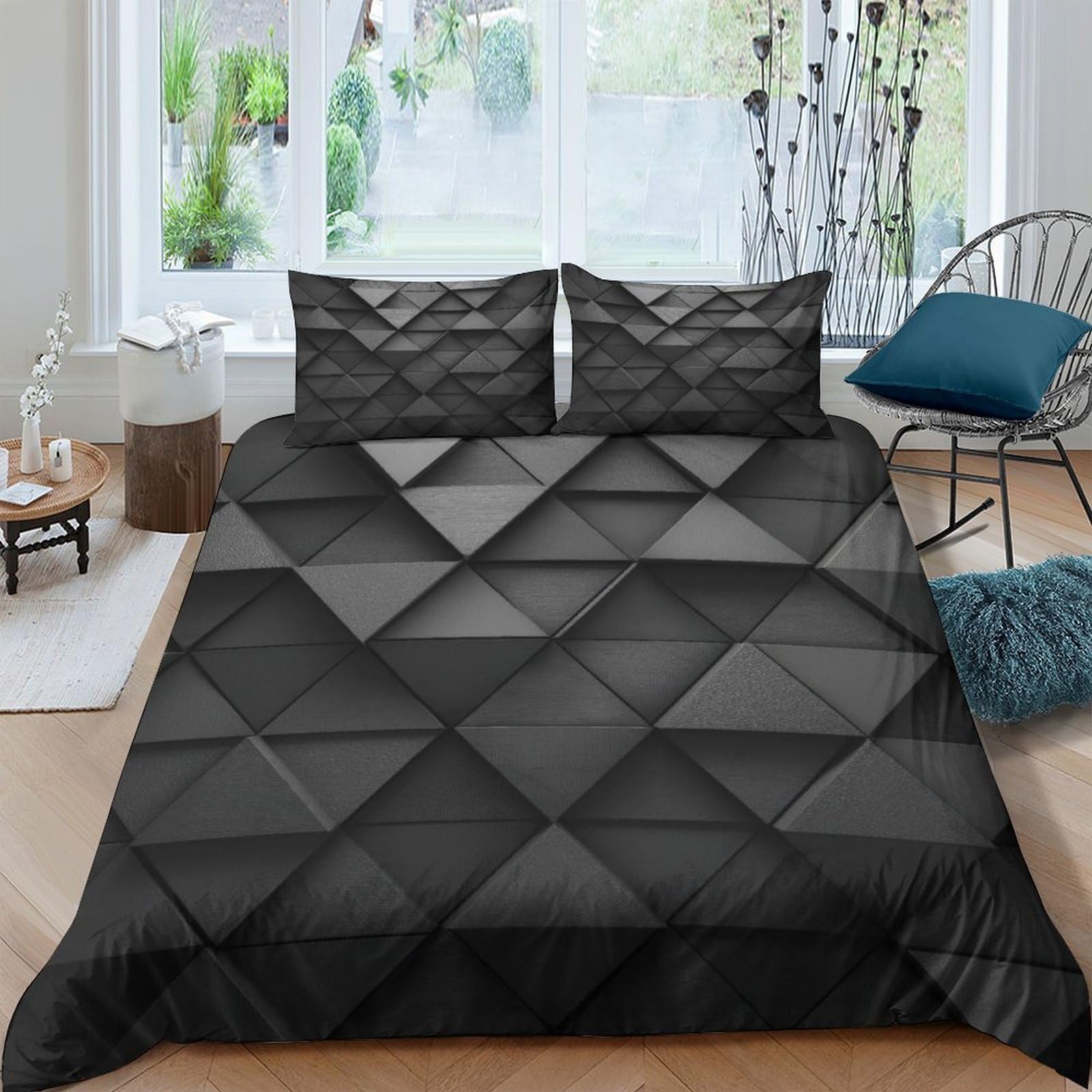 GPLZQXKJNH 3D Printed Black Geometric Duvet Cover Set Microfiber Soft Breathable Dark Triangle Bedding Set with 2 Pillowcases for Bedroom Home Single（135x200cm）