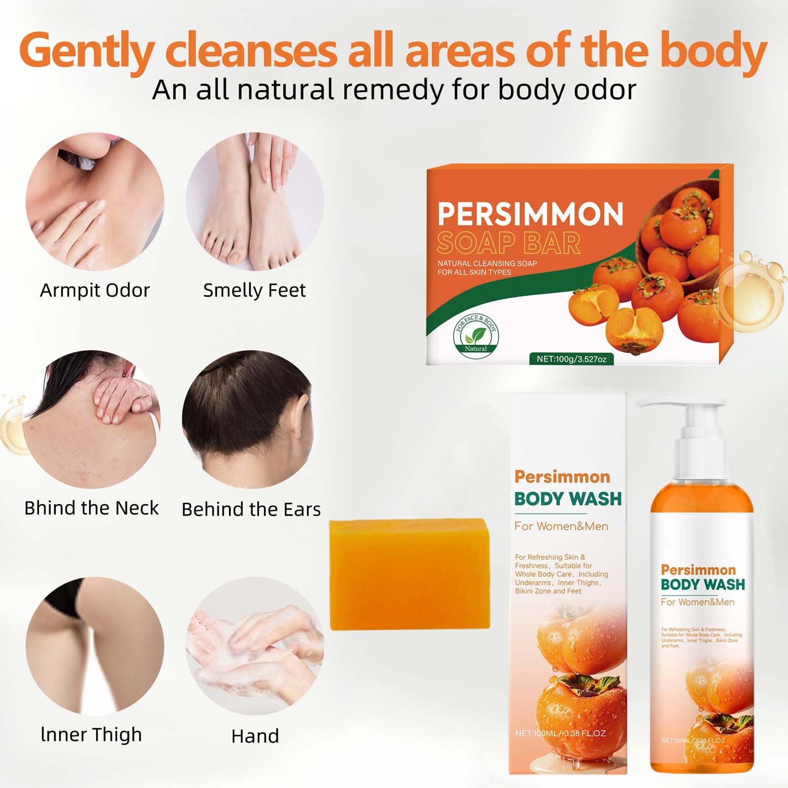 Mydło persimmon Bar Body Wash, naturalny zapach ciała, eliminuje starzenie się zapachów, dezodoryzuje i oczyszcza, delikatne czyszczenie, kontrola zapachu ciała, odświeżający ciało, długi (4 szt.)