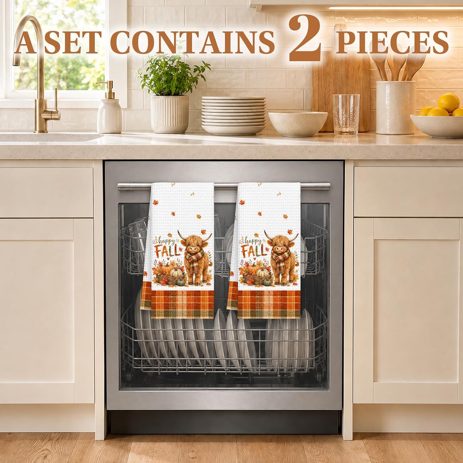 Hello Fall Highland Cow Plaid Kitchen Towels Set of 2, Dish Towels
