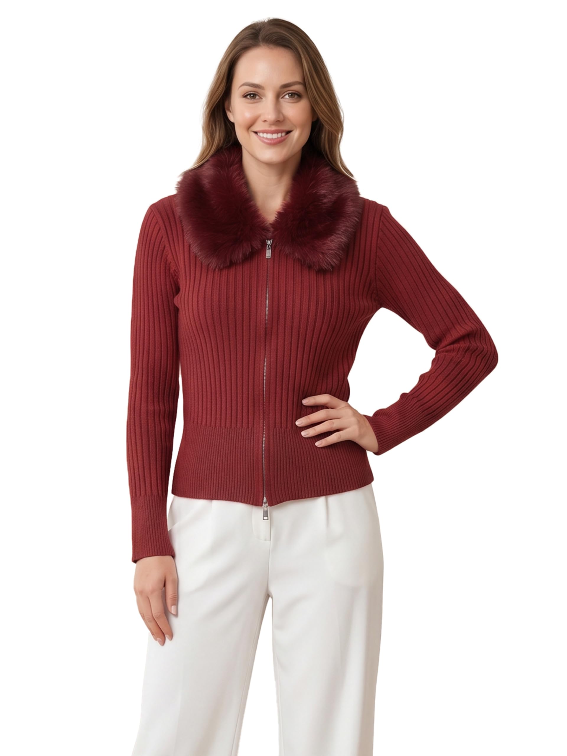 gfo Women Fur Collar Zip Front Full Sleeve Winter Sweatshirt-picture-9