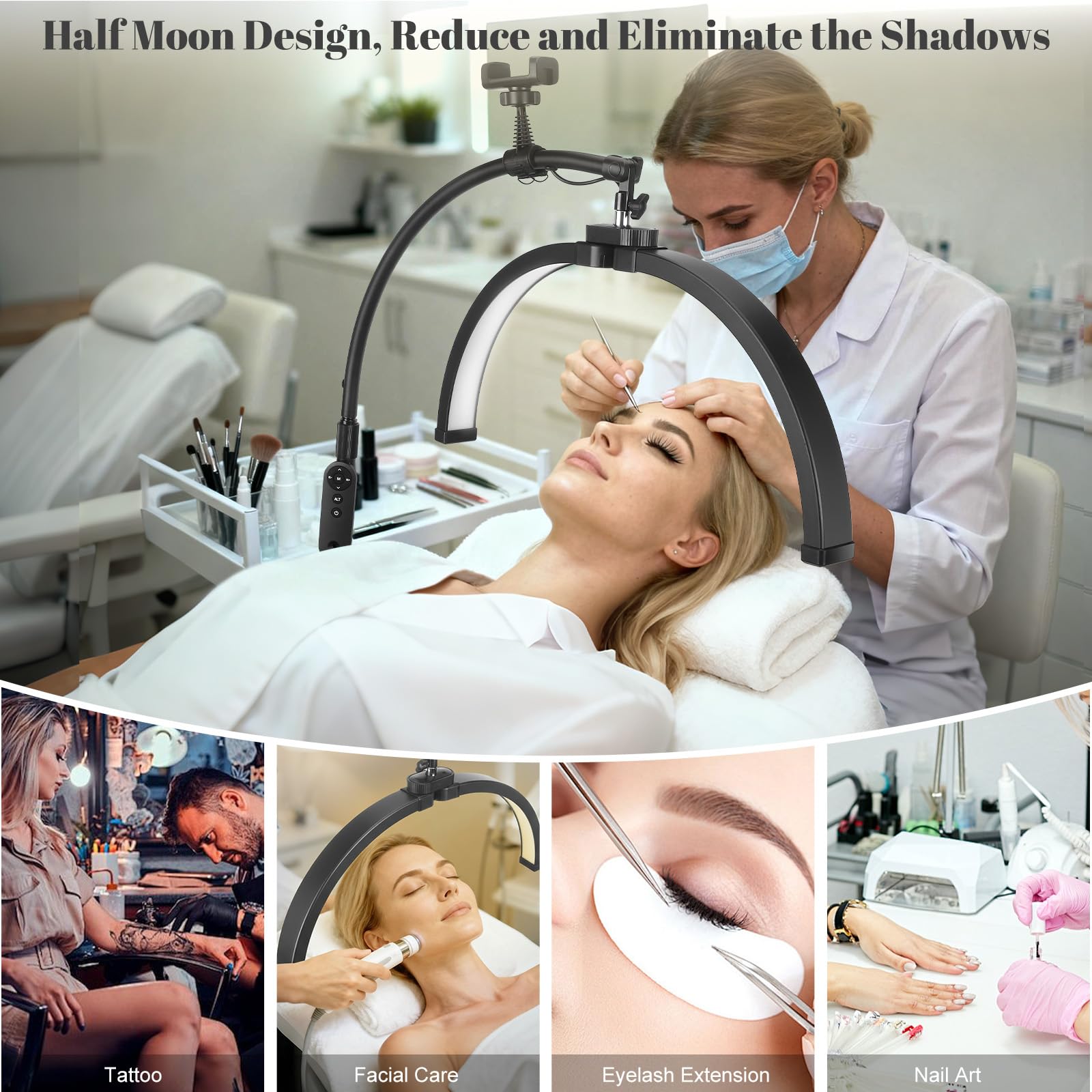 Half Moon Light professionele staande LED lamp met smartphone houder - Groothandel voor wimperextensions met uitgebreid assortiment