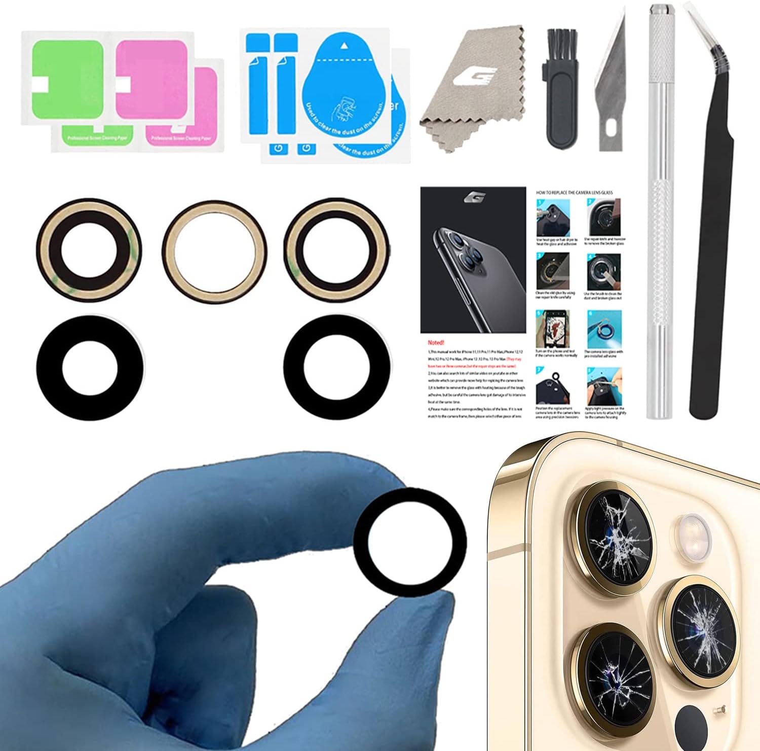 Rear Camera Lens Glass Replacement for iPhone 12 Pro Max, GVKVGIH Back Camera Lens Replacement with Double-Sided Adhesive & Repair Tool Kit (for 12Pro Max)