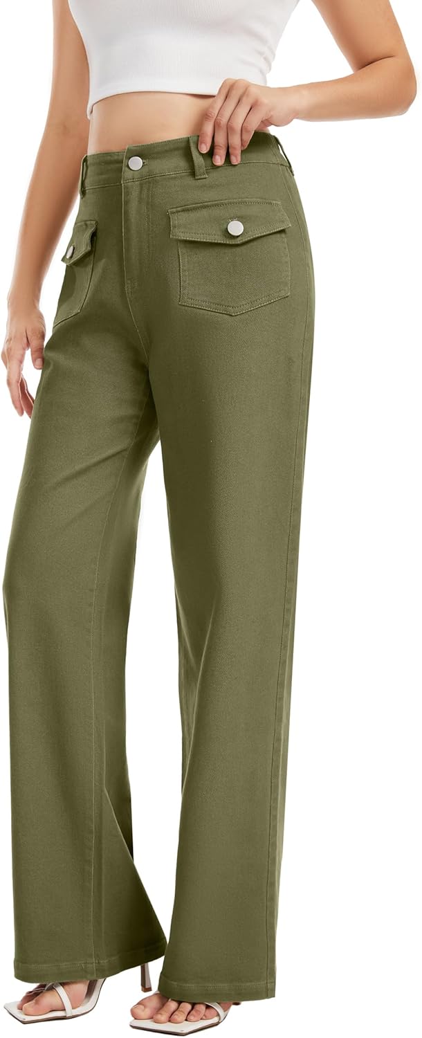 Women's Wide Leg Jeans High Waisted Stretchy Pockets Front Straight Leg Y2K Jeans Long Trousers