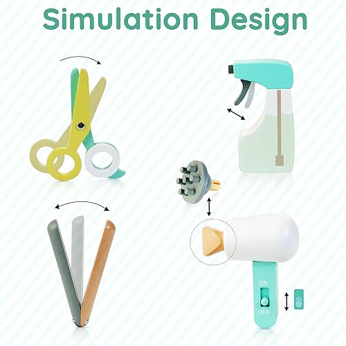 Miniatura 3 de Treewant Juego de peluquería para niños juego de juguetes de maquillaje de madera juguetes de peinado para niñas kit de afeitado para niños juego de