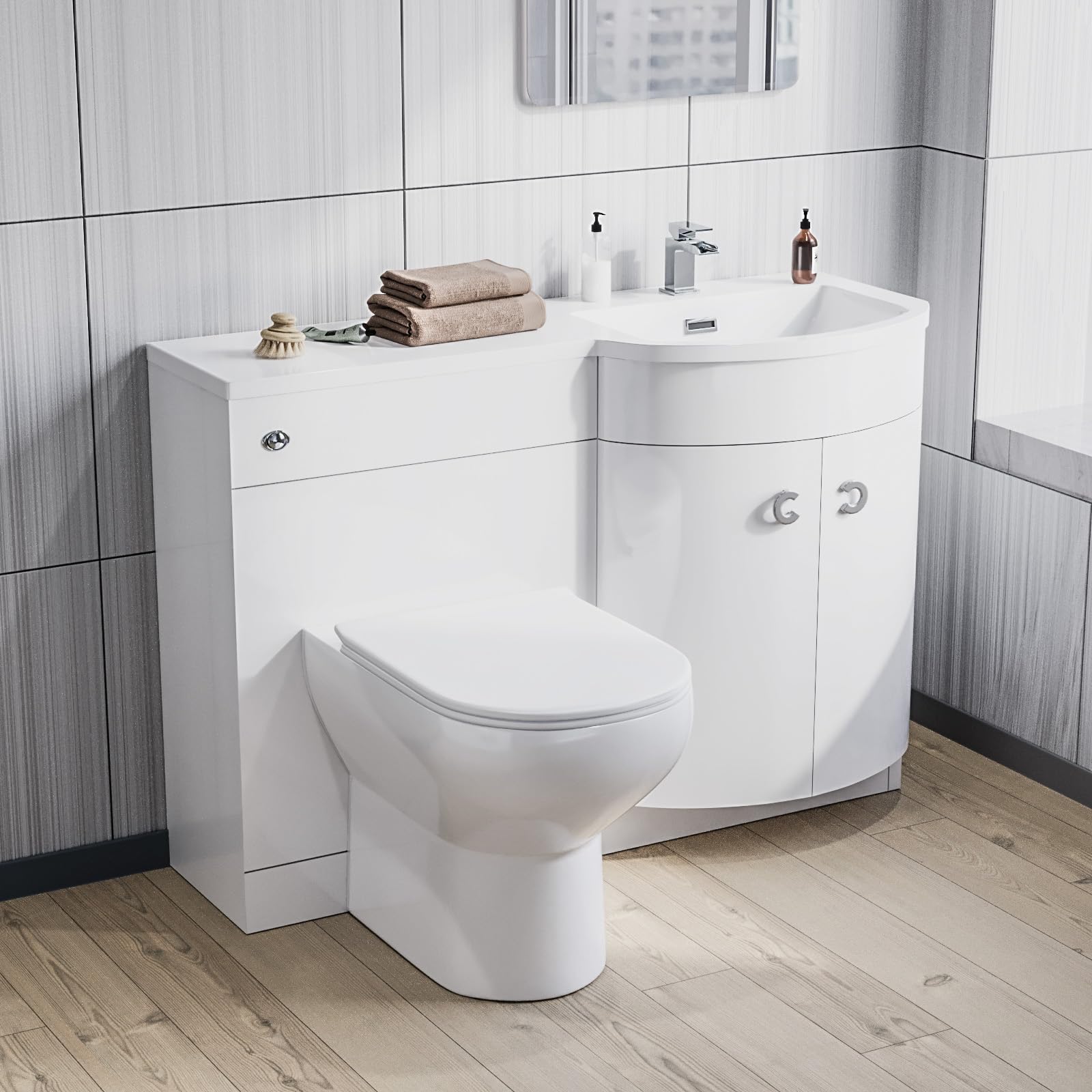  - Nes Home 1100mm Right Hand Sink White Combination Vanity Unit With Back To Wall Toilet