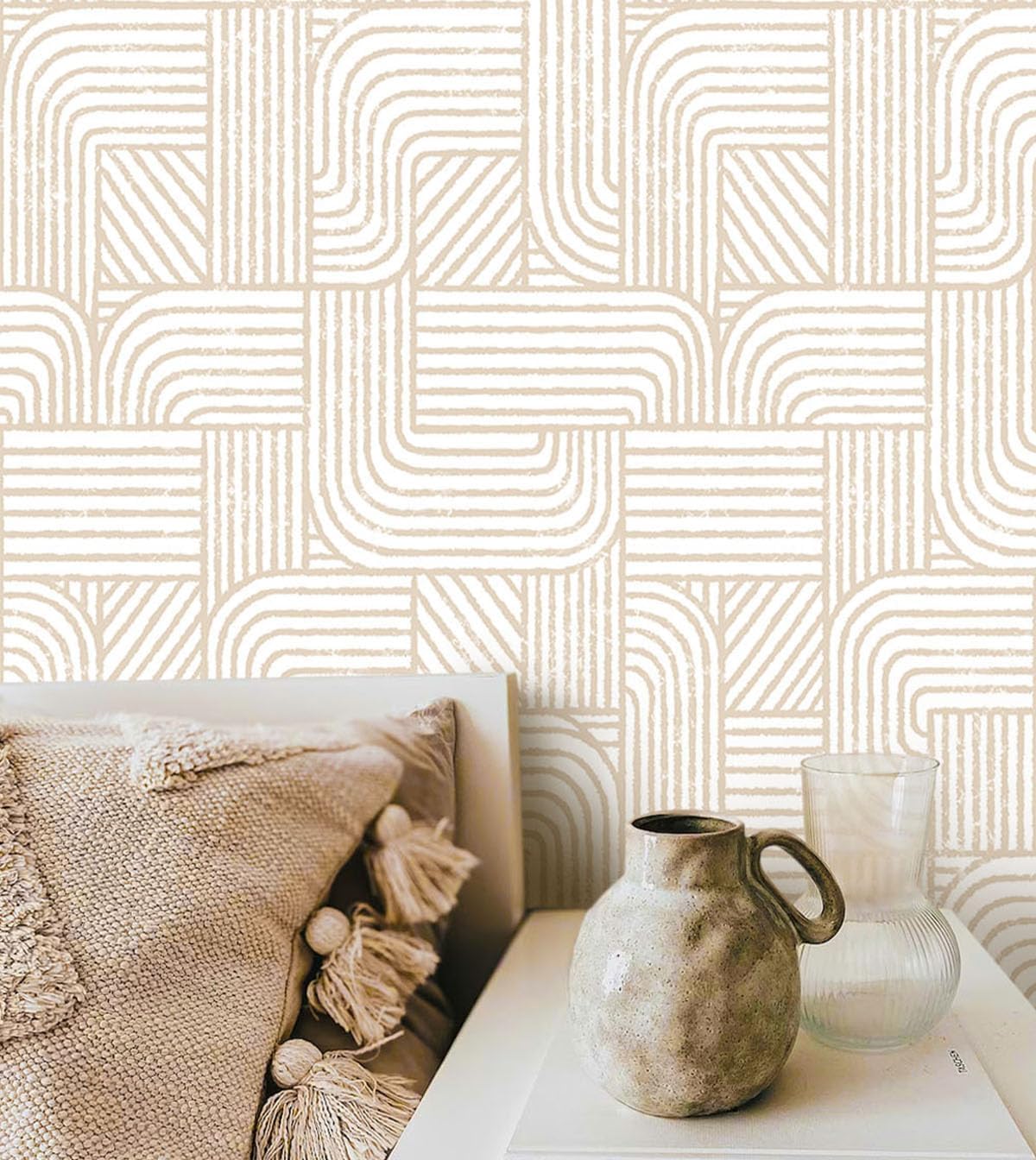 Modern Peel and Stick Wallpaper Boho Contact Paper for Cabinets Drawers Beige and White Striped Geometric Self Adhesive Wallpaper for Bedroom Bathroom Wall Decor Neutral Vinyl 17.3inW 393inL