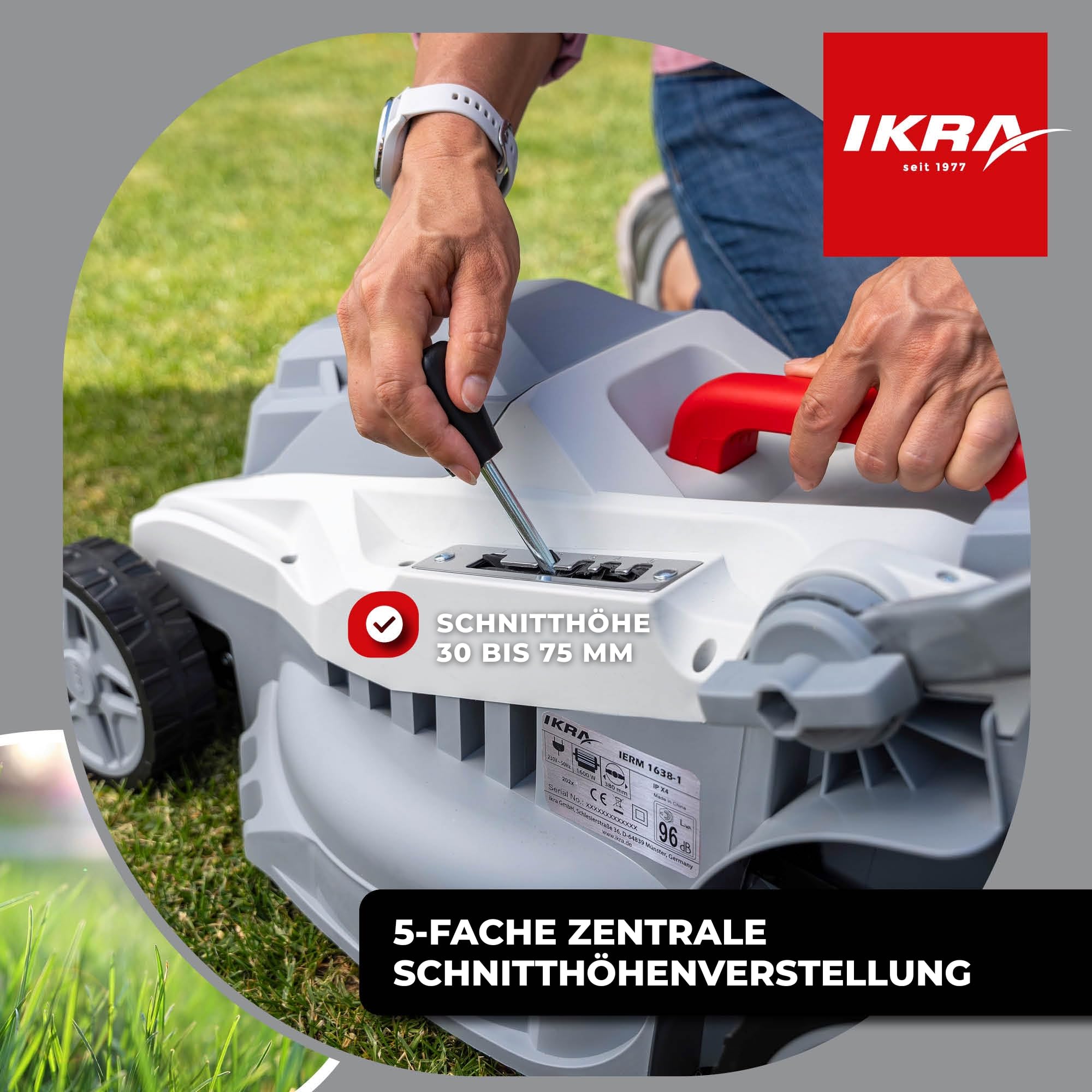 IKRA Elektro Rasenmäher IERM 1638-1, 1600W, 38cm, inkl. Ersatzmesser | Holm 2-fach höhenverstellbar, Schnitthöhe 30-75mm, inkl. Fangsack 42l, gehärtetes Metallmesser, klappbarer Führungsholm