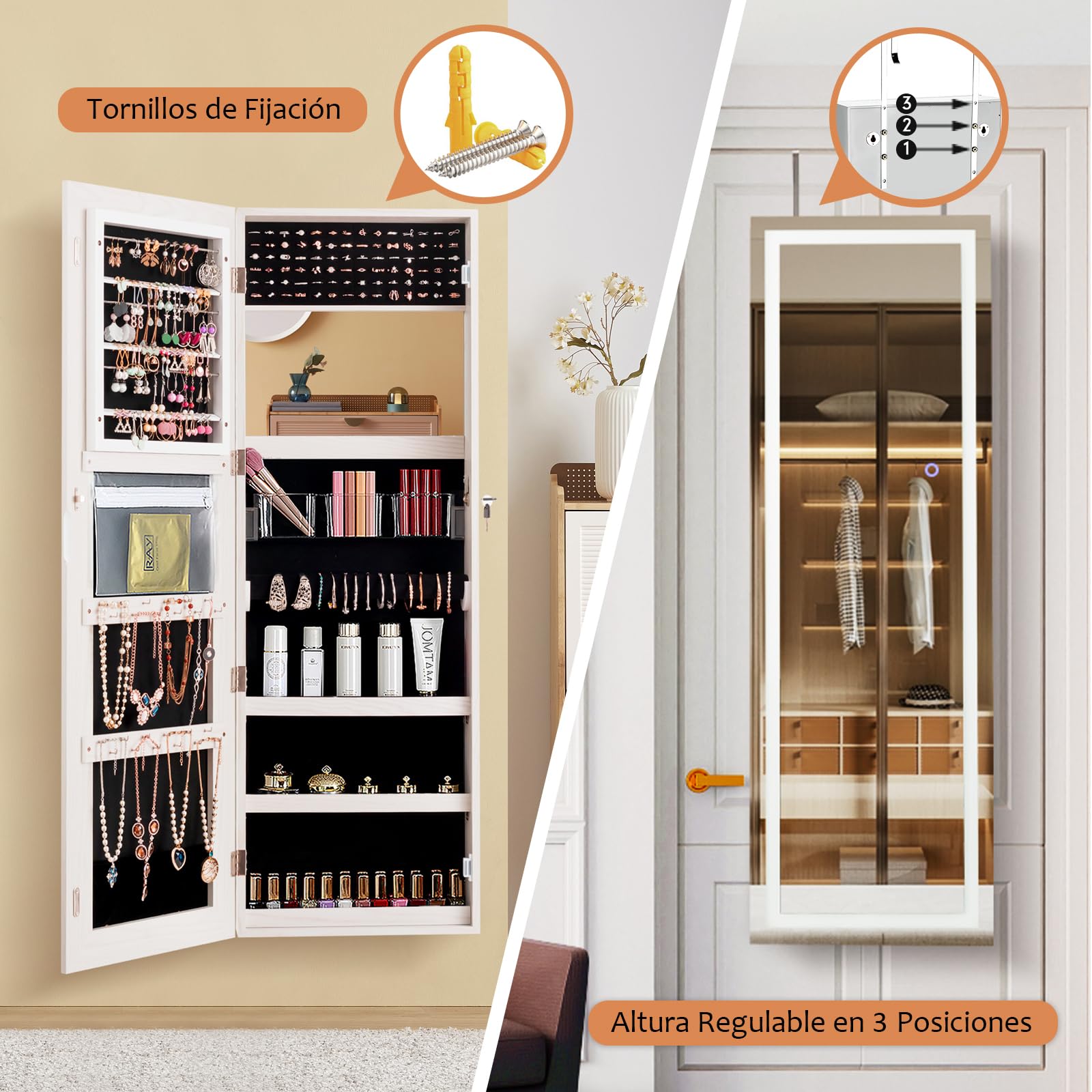 RELAX4LIFE Armario para Joyas de Pared con 2 Espejos y Luz LED Táctil, 40x12,5x120cm (Blanco)
