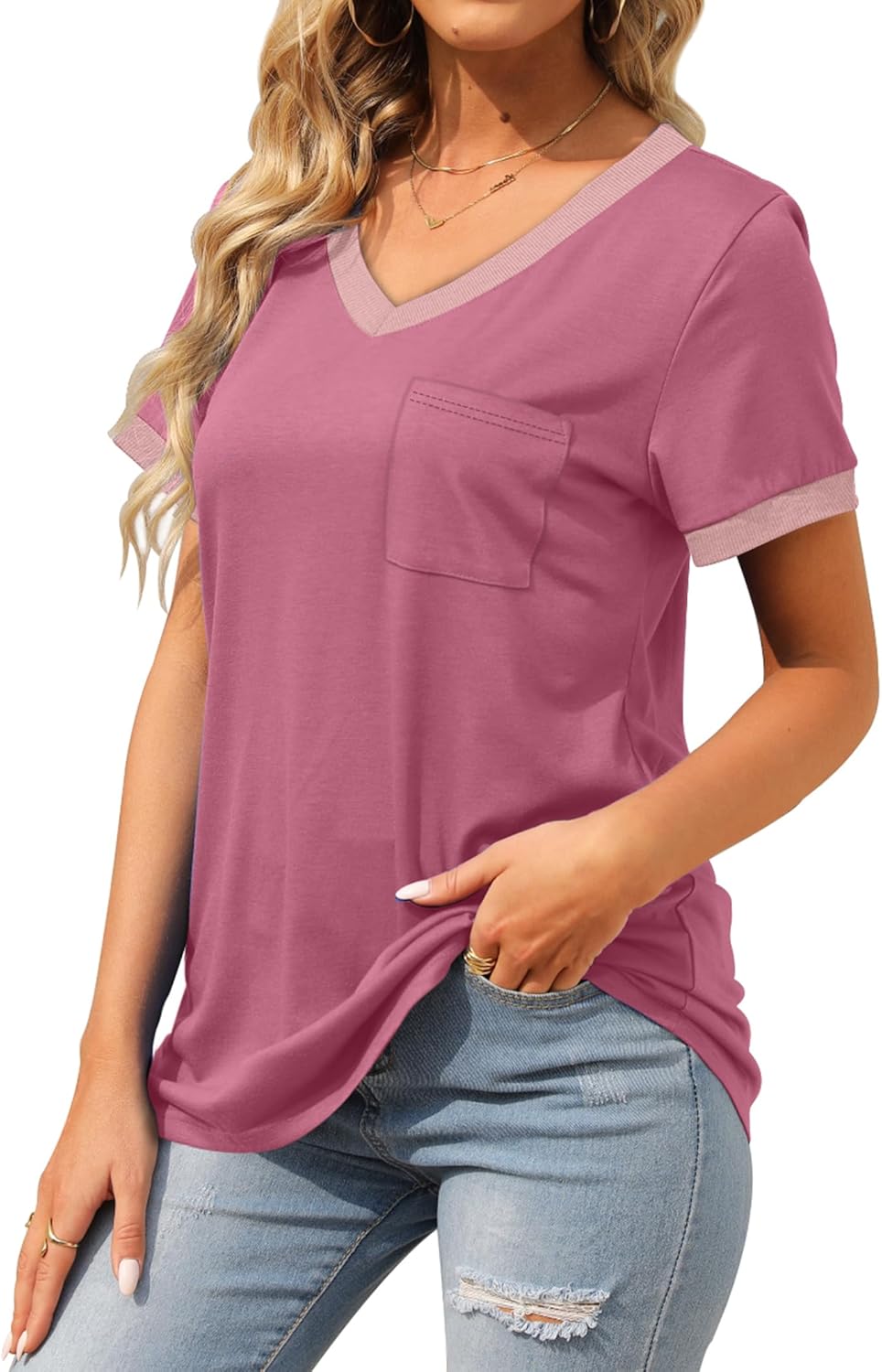 Geifa Womens T Shirts Short Sleeve V Neck Loose Casual Summer Tops 2026 with Pocket - Image 3