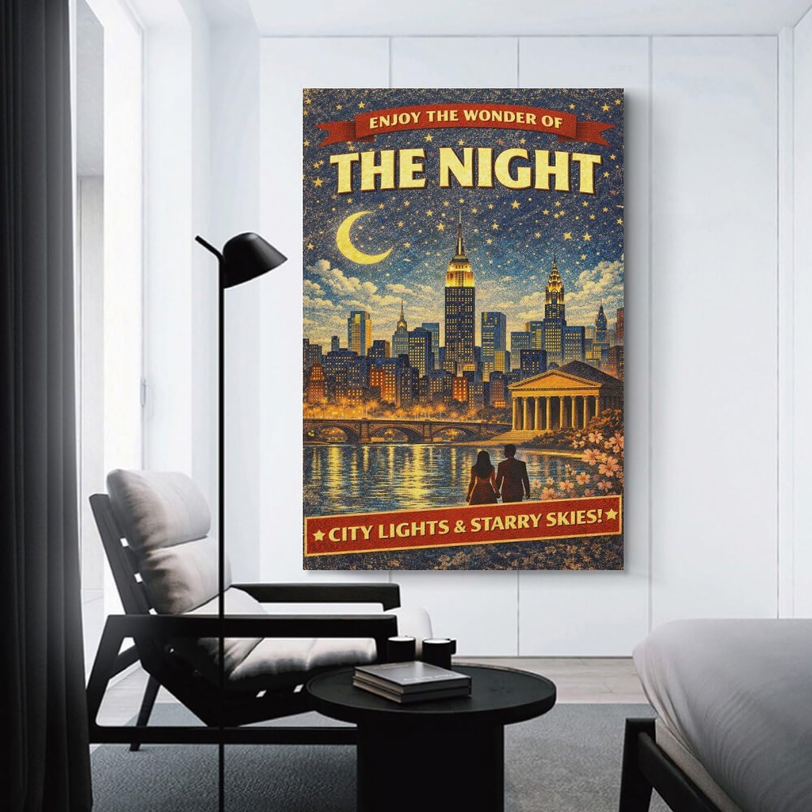 Junmoney New York City Nightscape with Couple Hanging Wall Art, 24x36inch(60x90cm), for Lounge, Bedroom Or Personal Spaces, Gift Idea for Housewarming And Birthdays