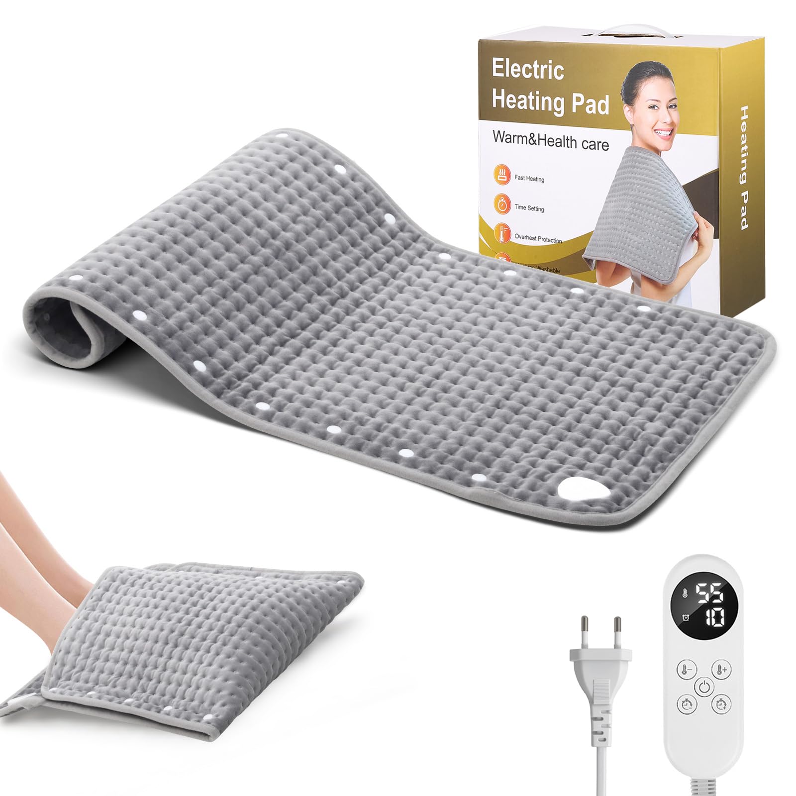 Almohadilla Térmica 43x83cm, Almohadilla Térmica Eléctrica con Apagado Automático Temporizado y 9 Niveles de Temperatura, Manta Térmica con 5 Pares de Broches, para Espalda, Cuello, Hombros, Estómago