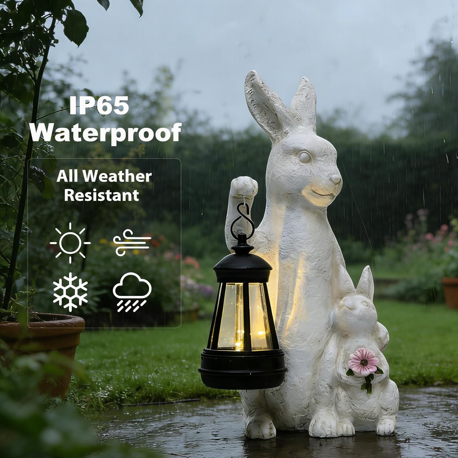 Solar Outdoor Statues Bunny Decor, Garden Sculptures with LED Lights Rabbit Figurines Decorations for Patio Yard Lawn Ornaments Balcony Gifts for Mother's Day Easter