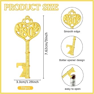 50Pcs 80th Gold Key Bottle Opener 80th Birthday Party Favors,80th Anniversary Souvenirs Return Gifts,Beer Keychain Bottle Openers With Thank You Cards For Party Birthday Wedding Shower Supplies
