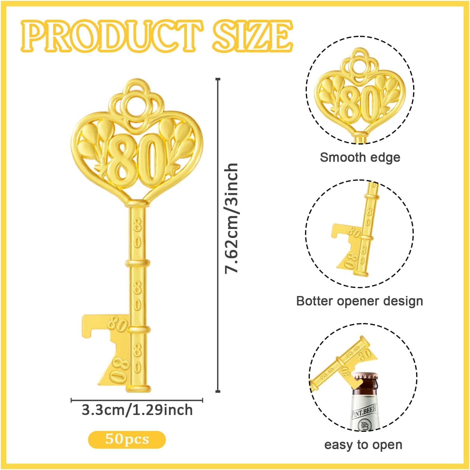 50Pcs 80th Gold Key Bottle Opener 80th Birthday Party Favors,80th Anniversary Souvenirs Return Gifts,Beer Keychain Bottle Openers With Thank You Cards For Party Birthday Wedding Shower Supplies