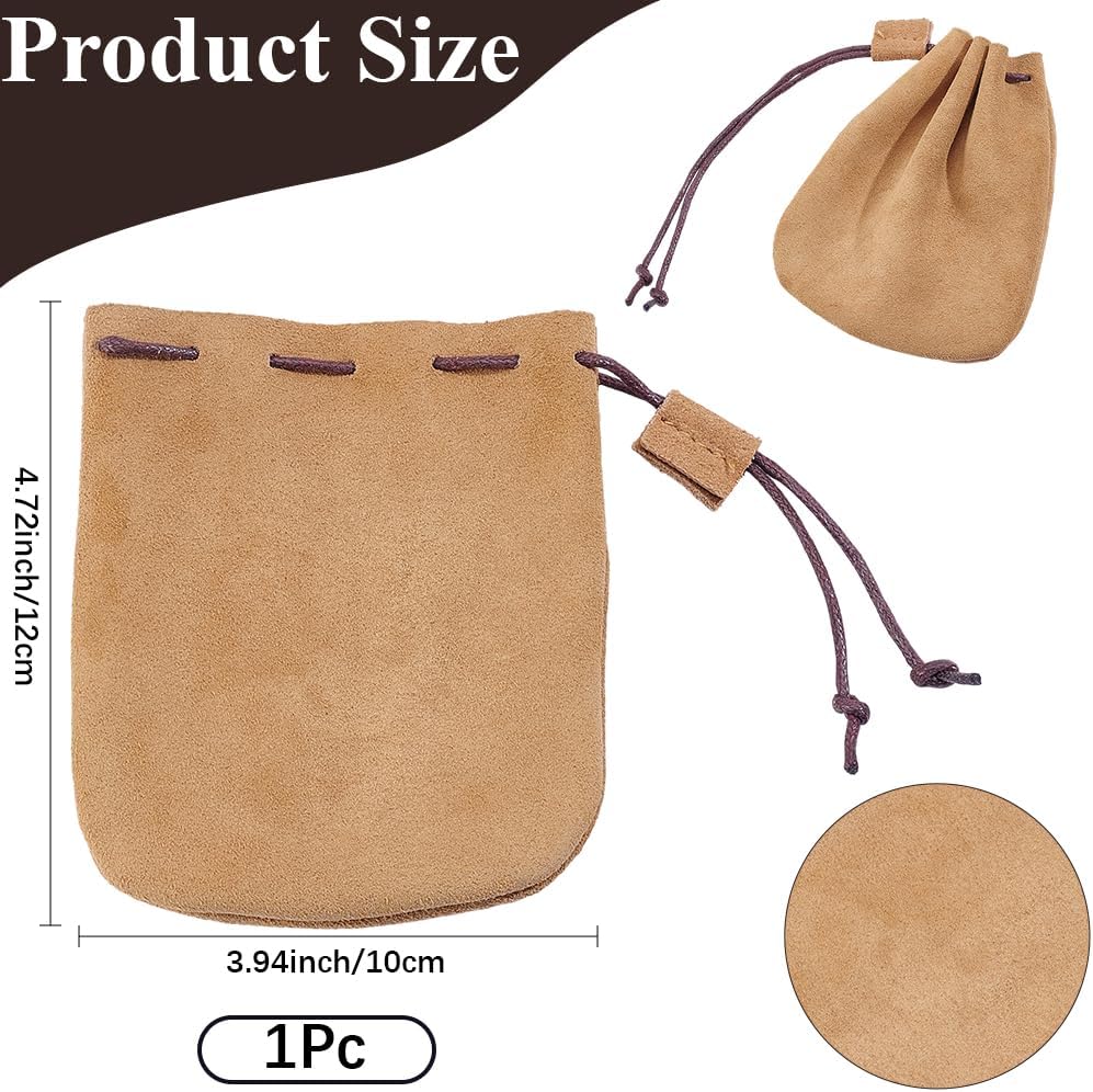 Beebeecraft Drawstring Cowhide Bag 4.7x3.9in Small Camel Color Leather Drawstring Pouches Genuine Leather Coin Pouch for Money Wallet Men Women