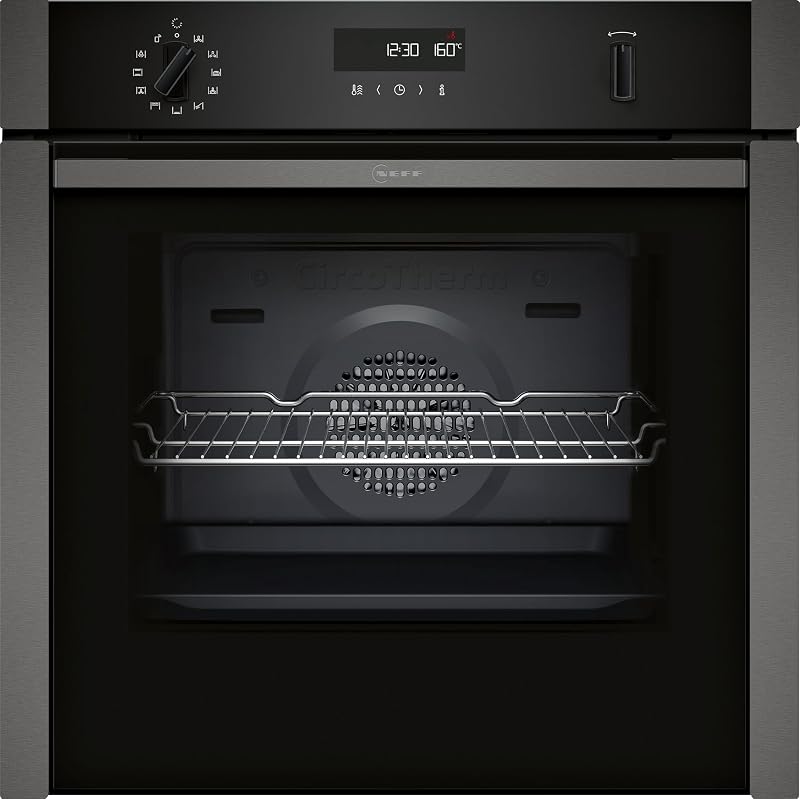 NEFF, N50, B6ACH7AG7B, 60cm Built-in Single Oven with Hide®, Home Connect, Pyrolytic Self-Cleaning with Easy Clean, CircoTherm, and LCD display in Graphite-Grey