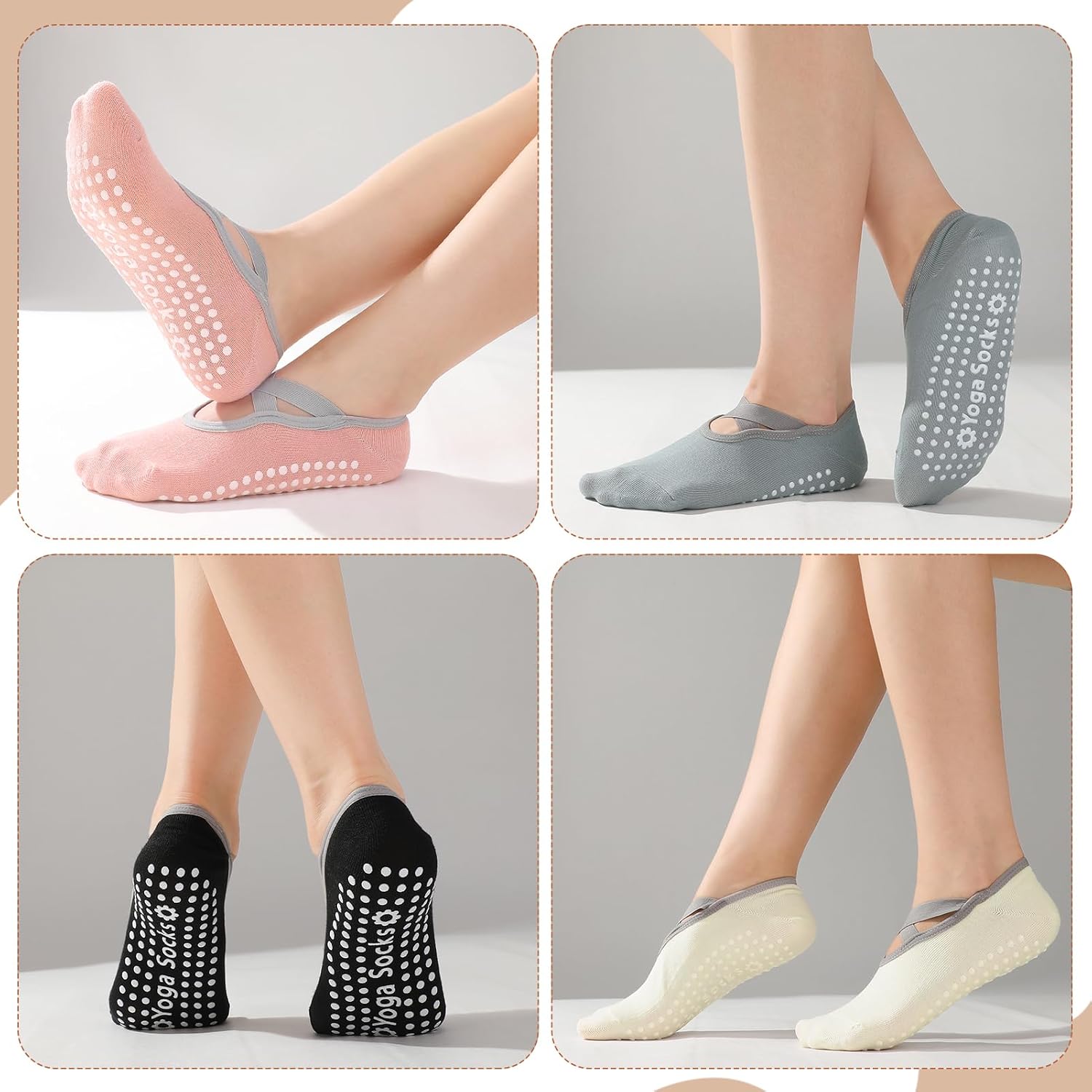 4 Pairs Yoga Socks for Women Non Slip with Straps Pilates Barre Grip Socks with Bow Storage Bag