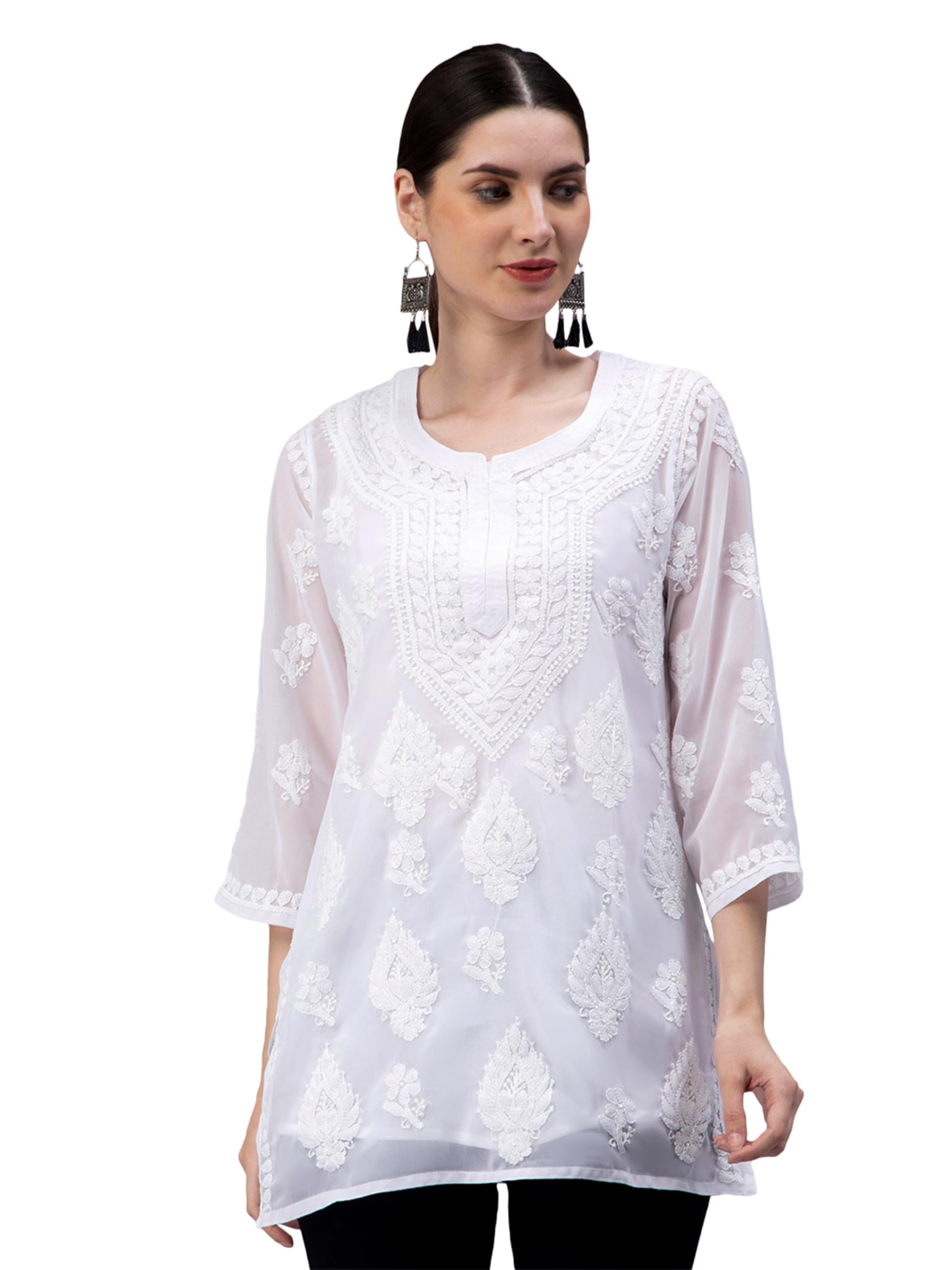 seva chikan Hand Embroidered Lucknowi Chikankari Georgette Women Short Top & Tunic with Inner Slip SCL9076-picture-36