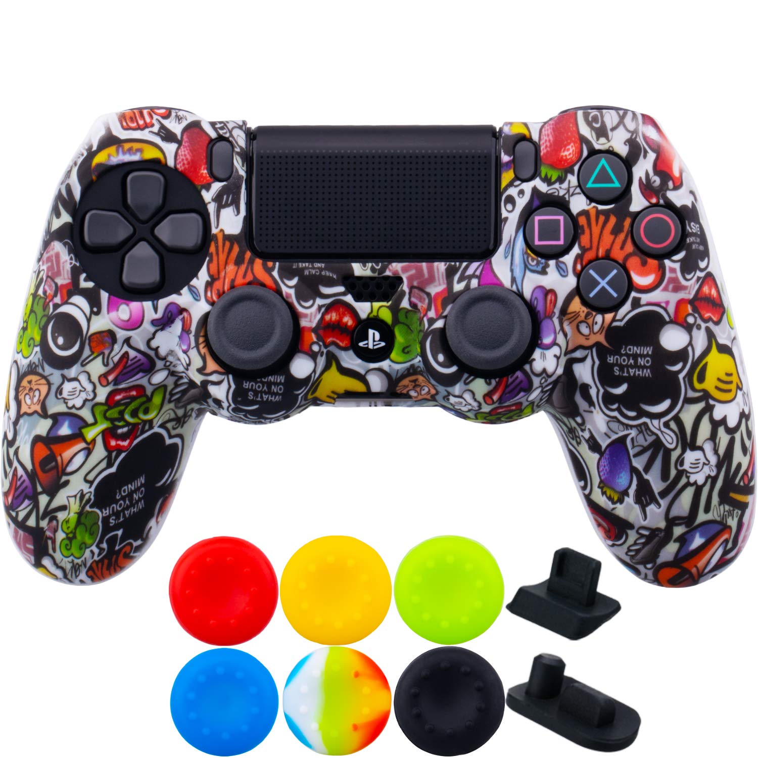 1 Piece of SiliconeTransfer Print Protective Cover Skin + 6 Thumb Grips & Dust Proof Plugs for PS4/Slim/Pro Controller Camouflage Grey — view 14