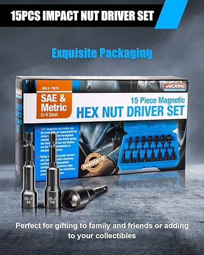 Miniatura 7 de Vicring Juego de destornilladores magnéticos de tuercas de impacto, SAE (14 a 916 pulgadas) y métrico (0.236-0.551 in)  acero al cromo vanadio