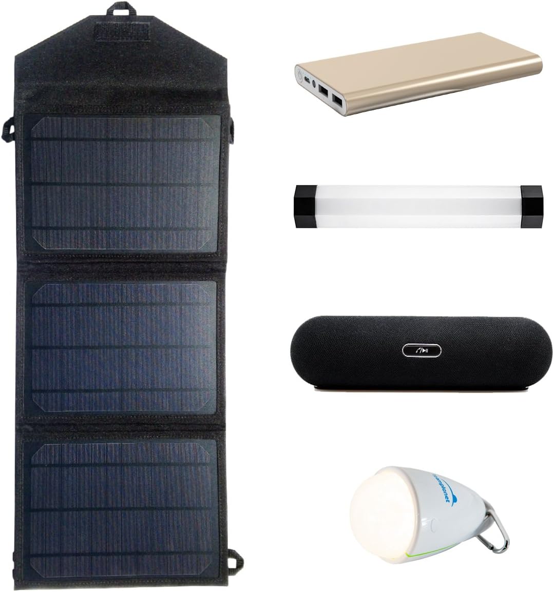 Deluxe Solar Bundle Kit 5 Items: Portable Solar Charger + Ultra Bright Magnetic Light + Waterproof Light w/Remote + 10000mAh Battery Pack + Solar Speaker 10W