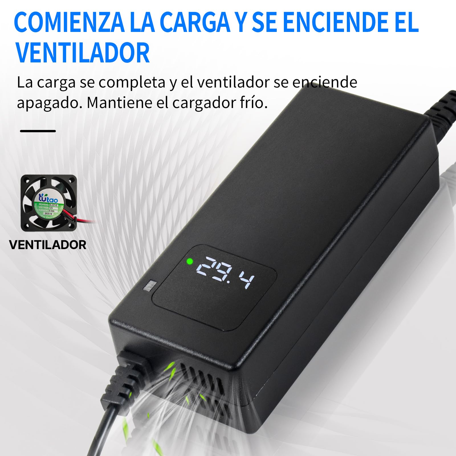 Caricatore 29,4 V 4 A agli ioni di litio 24 V, bicicletta elettrica e monopattino elettrico | Display LED, connettori RCA da 8 mm e DC 5,5 x 2,1/2,5 mm, protezione multipla e certificazione CE per una ricarica sicura.