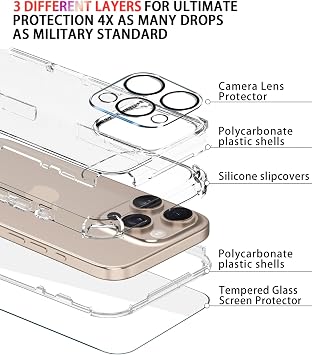 Diverbox iPhone 16 Pro用 ケース 耐衝撃 落下防止 強化ガラススクリーンプロテクター+カメラプロテクター Apple iPhone 16 Pro用高耐久保護フォンケースカバー グリッタークリア