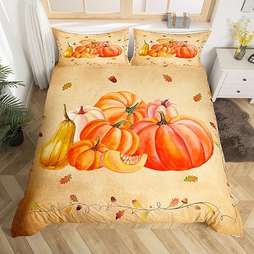 Juego de funda de edredón para niños con diseño de calabaza de otoño, tamaño Queen, juego de ropa de cama de hojas de arce de cosecha de otoño,