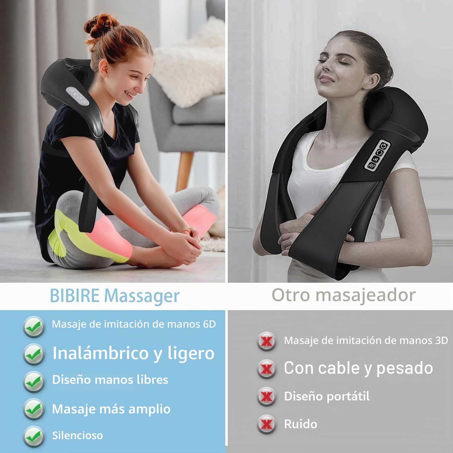 BIBIRE Masajeador de cuello con función de calor, masajeador Shiatsu 4D de tejido profundo, para hombros, piernas, cuerpo, alivio del dolor muscular, hogar, oficina y coche