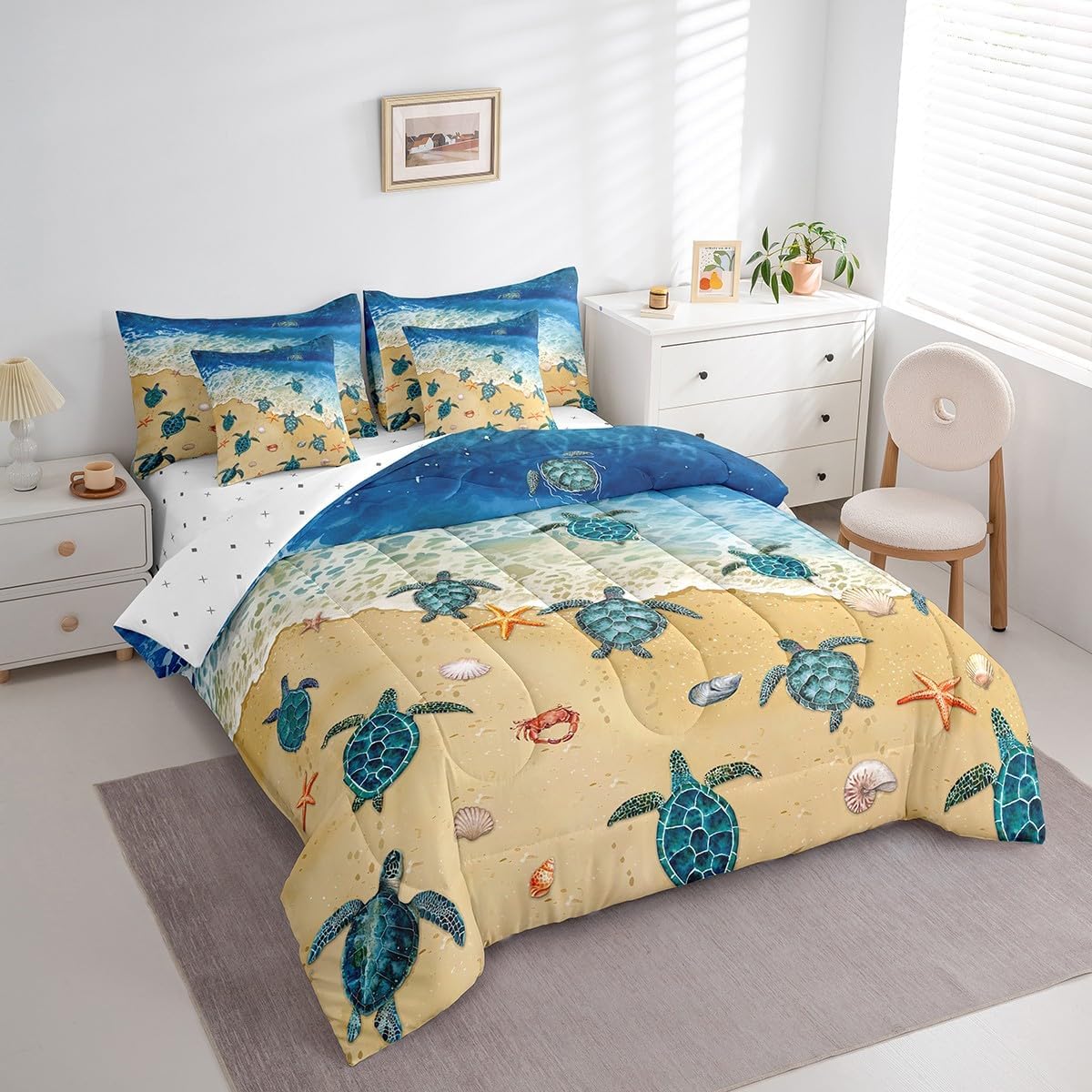 Erosebridal Blue Sea Turtle Bed in a Bag King Size Comforter Set 7 Pieces,Tropical Hawaii Beach Bedding Sets Ocean Tortoise Sea Waves Sheet Set with Comforter