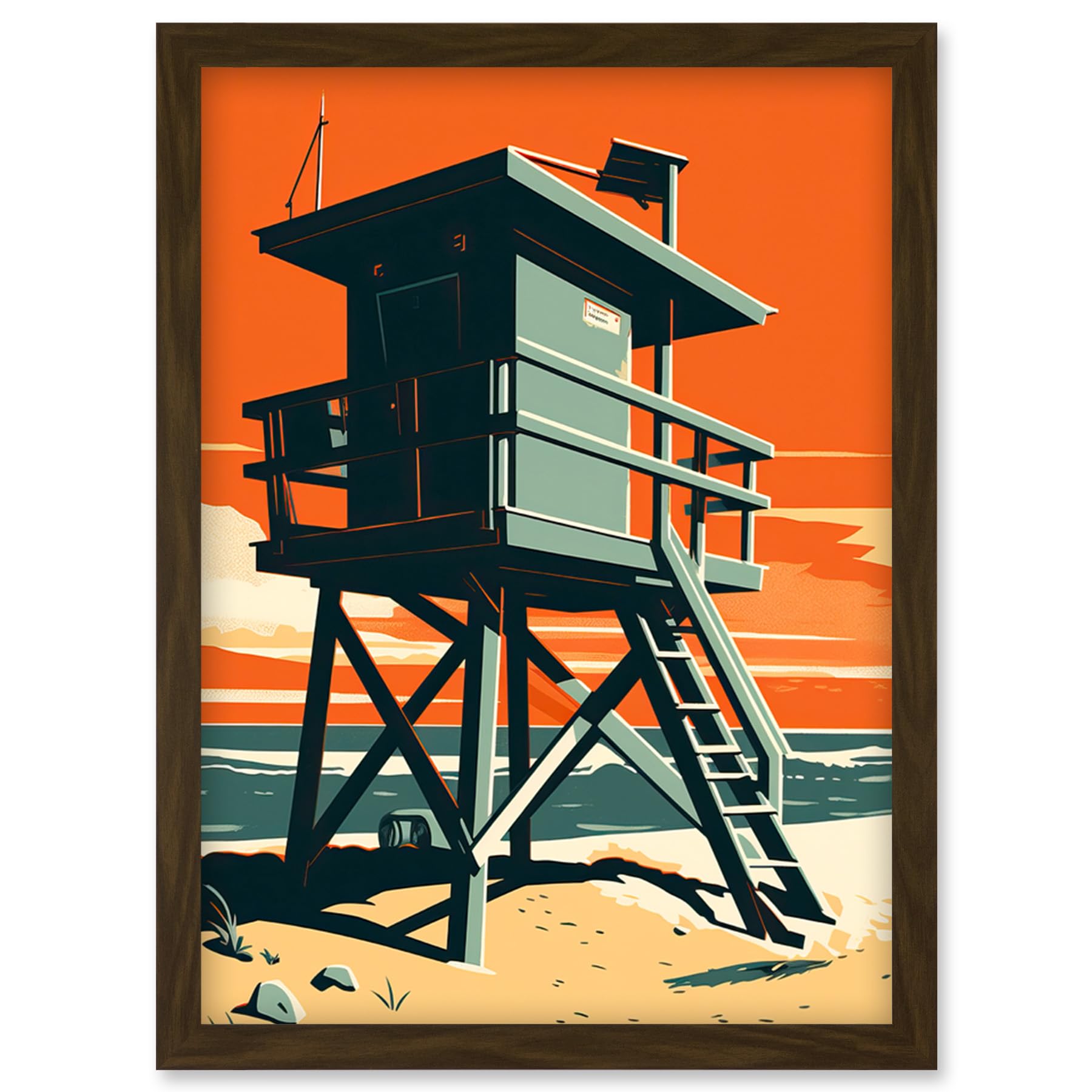 Artery8 Lifeguard Tower Seascape Pastel Colour Orange Teal Blue Beach Bathroom Artwork Framed Wall Art Print A4