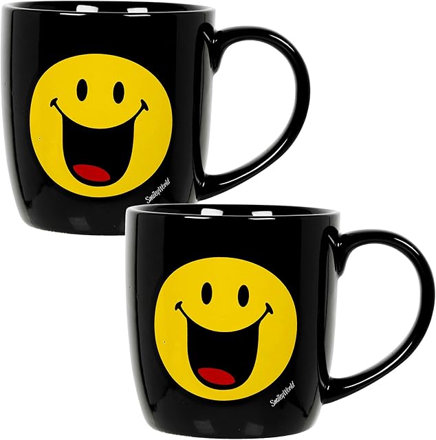 Set of 2 30cl Black Coffee and Tea Mugs Cups with Smiley Face Emoji Design in Gift Pack (2)