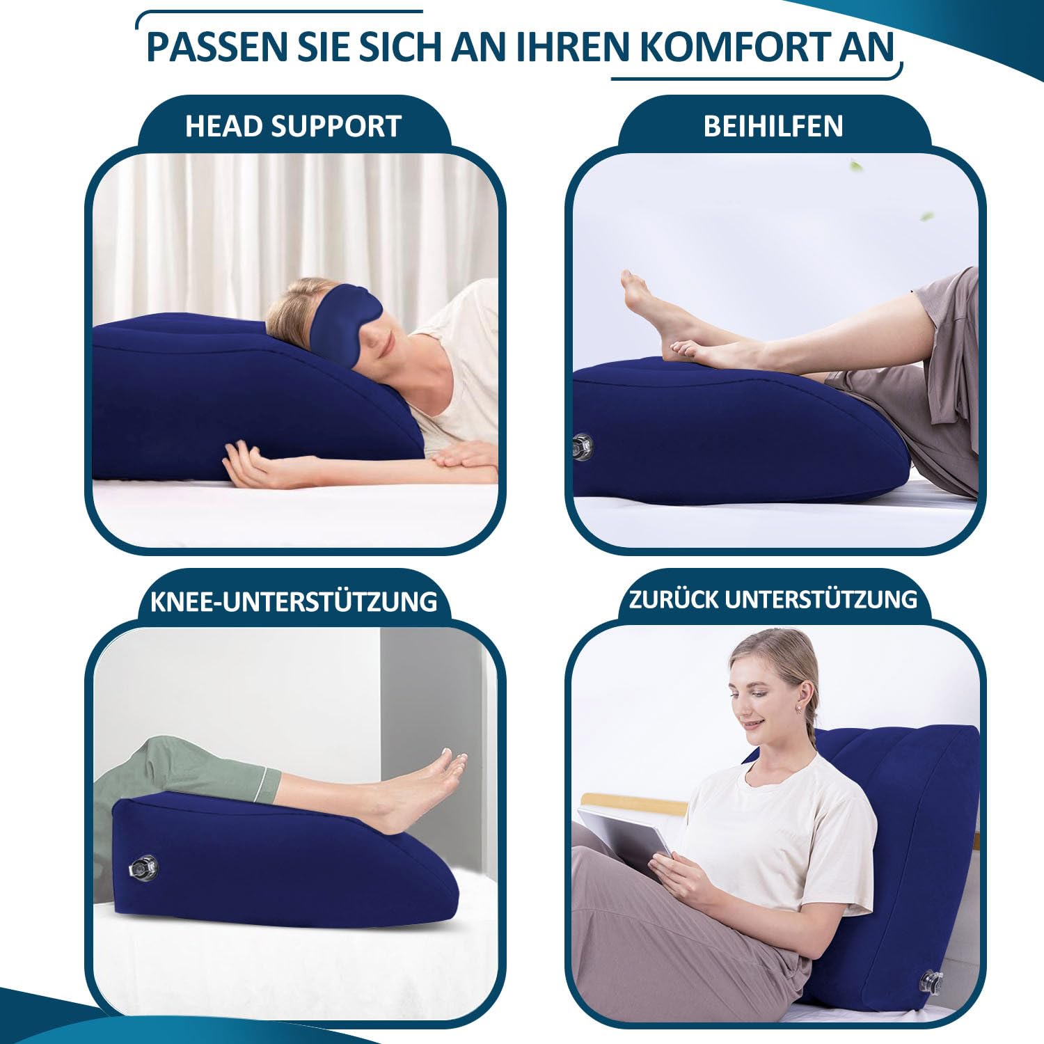LuxoCare Cuscino Gonfiabile per Gambe - Cuscino a Cuneo con Mascherina per Dormire per Dormire Migliora il Sonno e Circolazione per Amanti dello Sport, Viaggiatorie e Stanchezza alle Gambe (Blu)