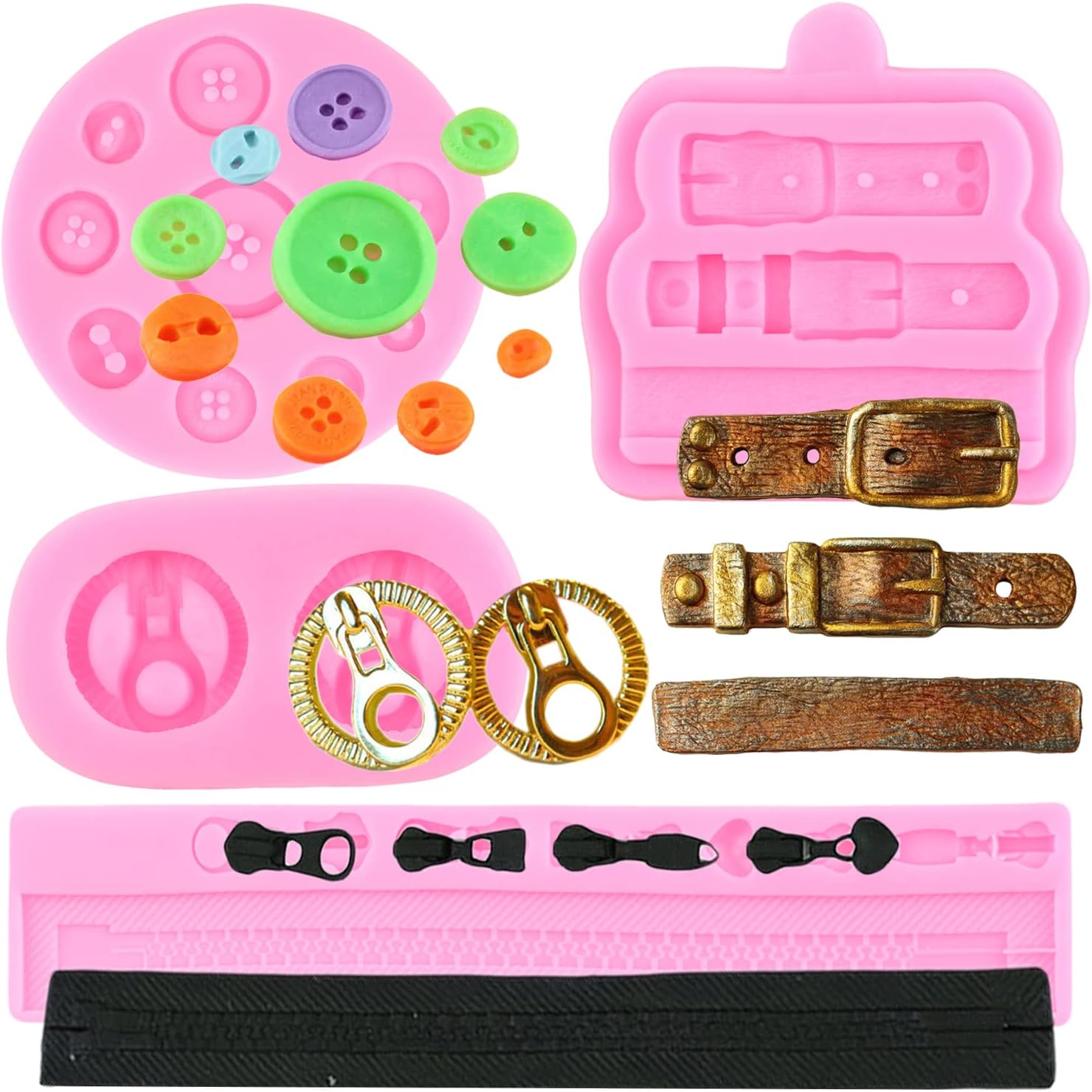 Button Silicone Mold Clothes Zipper Chain Fondant Mold Belt Candy Mold For Cake Decorating Cupcake Topper Chocolate Gum Paste Polymer Clay Set Of 4