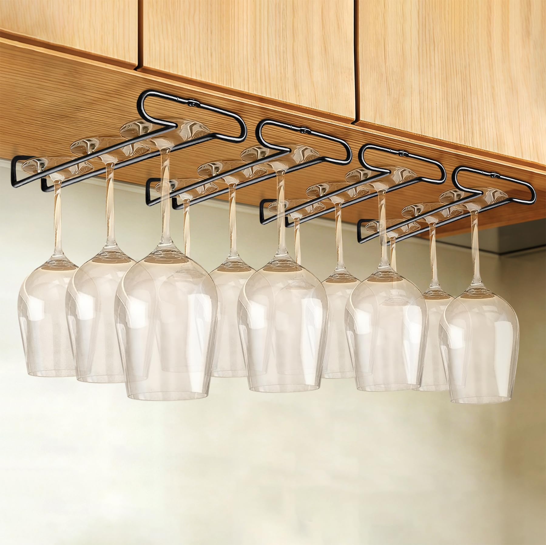 GeLive Set of 4 Cabinet Stemware Rack 10 Inch Under Shelf Wine Glass Holder Storage Hanger Organizer for Kitchen and Bar (Black)