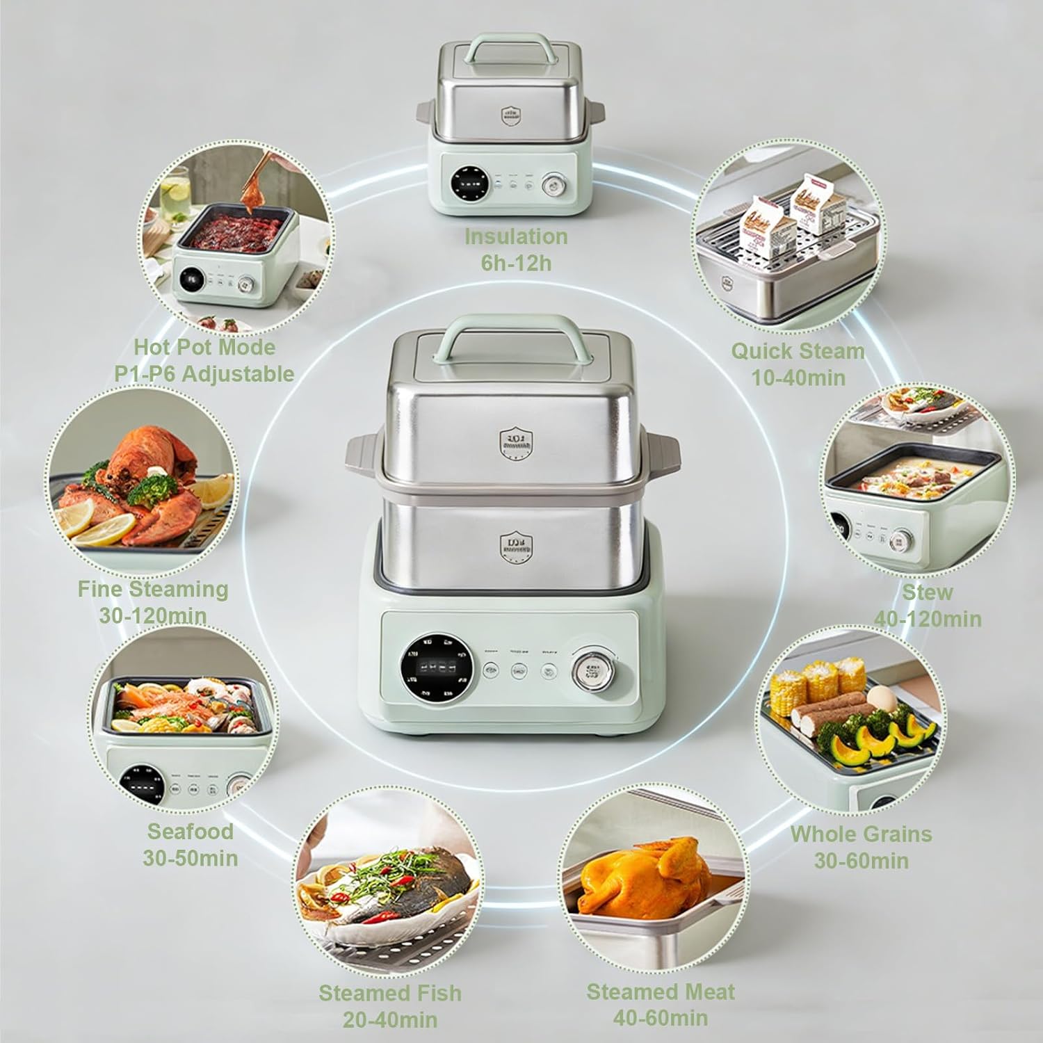 13.6Qt 2-Tier Electric Food Steamer, 8 Modes, Dry Protection, 24h Reservation and Timer, 4-8 Servings, Stainless Steel Electric Steamer for Vegetable Seafood (Green)