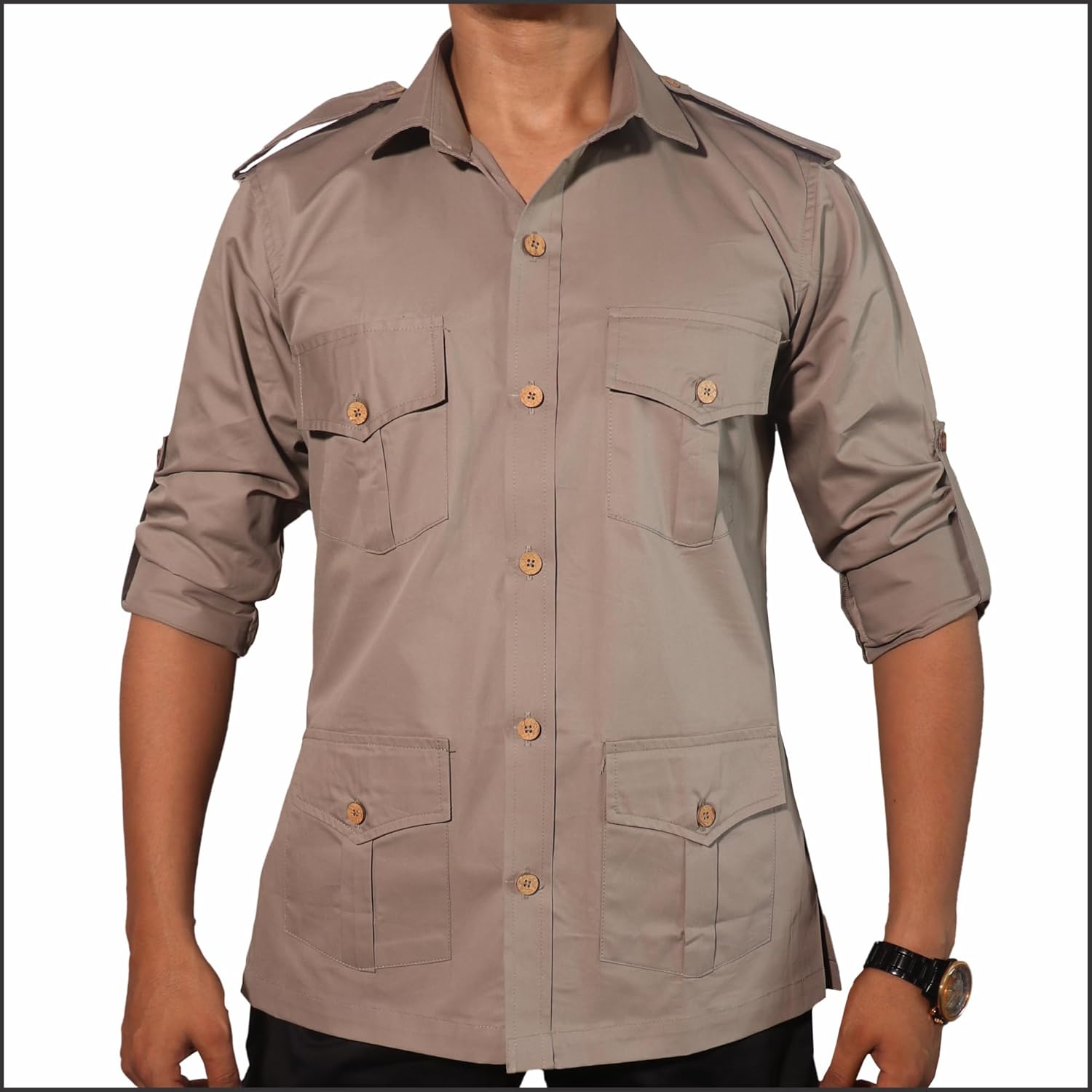 Men's Cotton 4 Pocket Hunting Safari Shirt with Coconut Shell Buttons Quick Dry Hiking Travel Fishing Long Sleeve Cargo Style