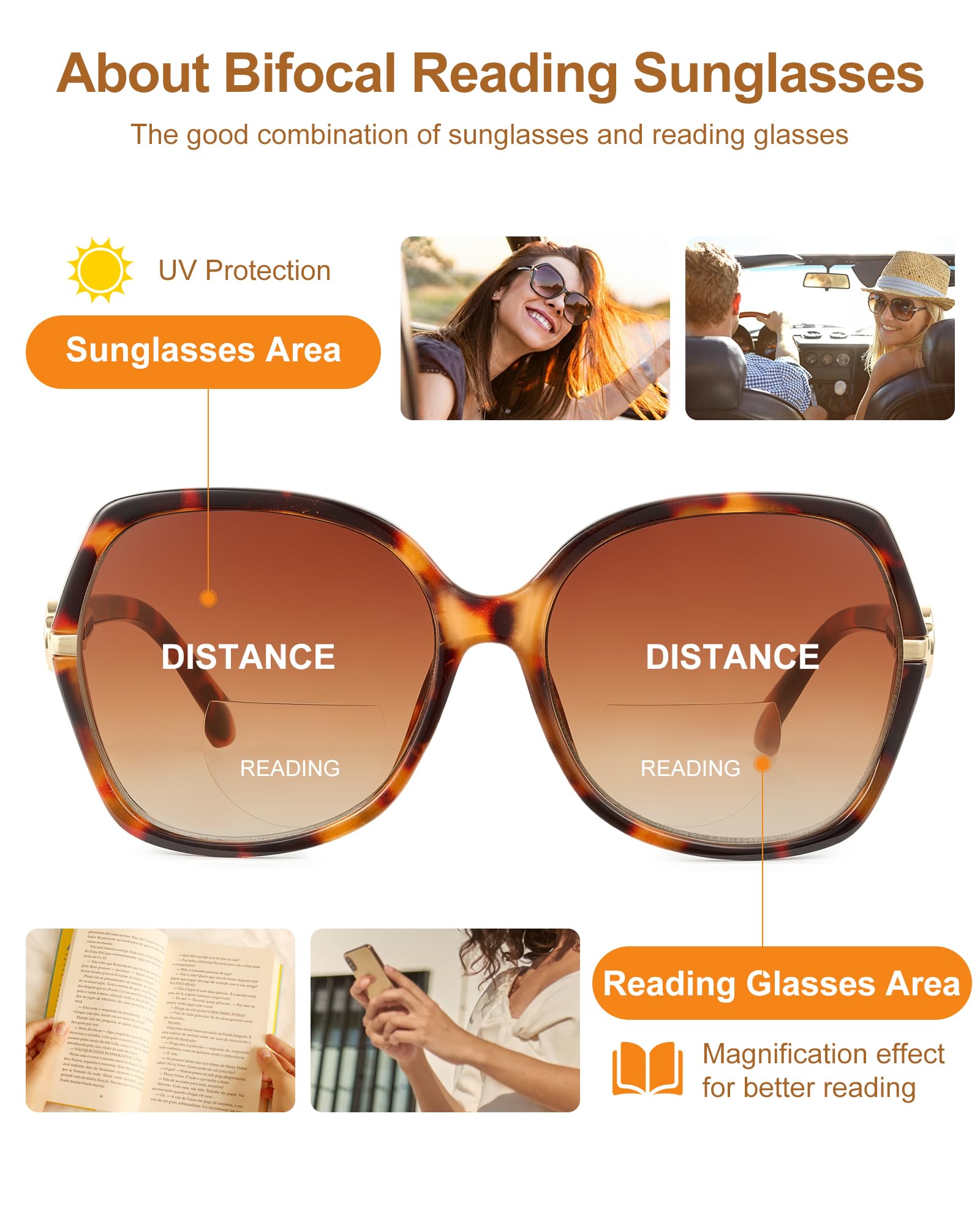 JM Bifocal Reading Sunglasses for Women, Fashion Oversized Sun Readers UV400 Protection Spring Hinges - 5