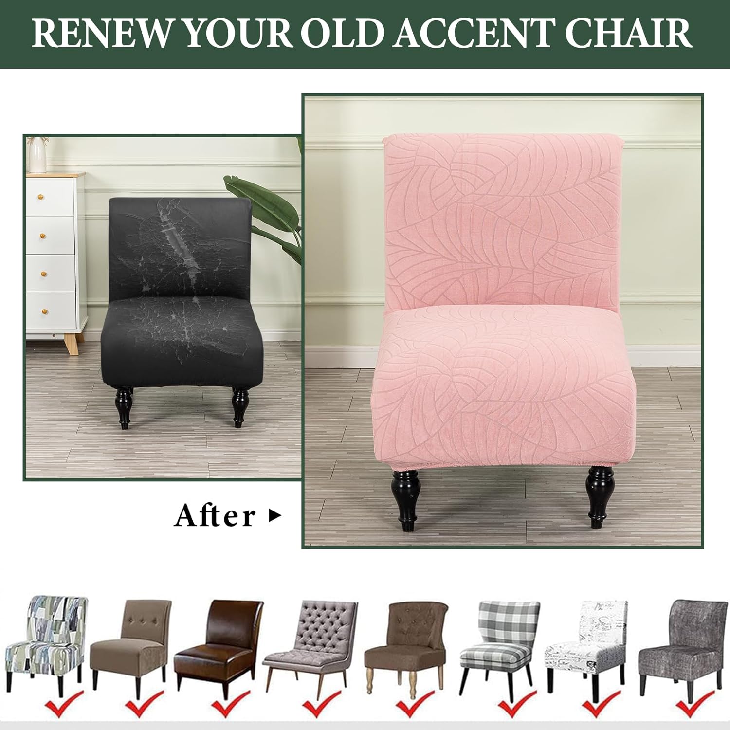 Armless Accent Chair Cover Stretch Leaf Jacquard Chair Covers for Living Room Armless Slipper Chair Slipcover Chair Furniture Protector Covers (Pink, 2PCS)